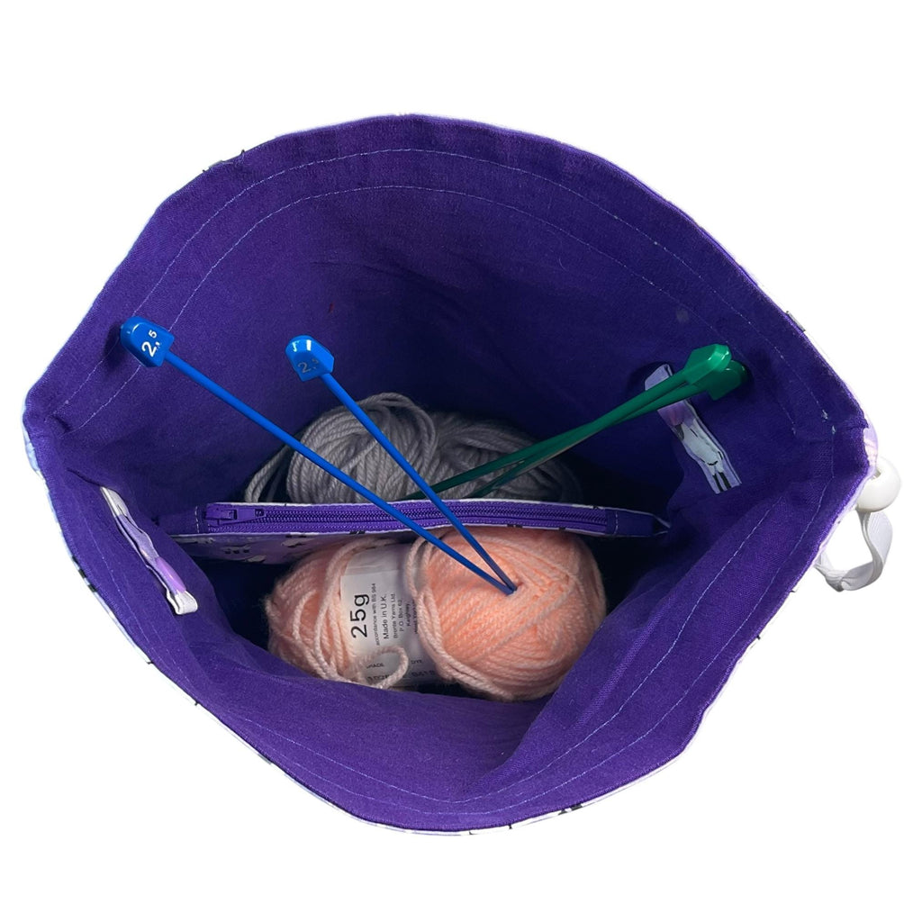 Knitting and crochet bag, Two at a time project bag with sheep print, drawstring divided sock sack, yarn work in progress pouch, purple gift