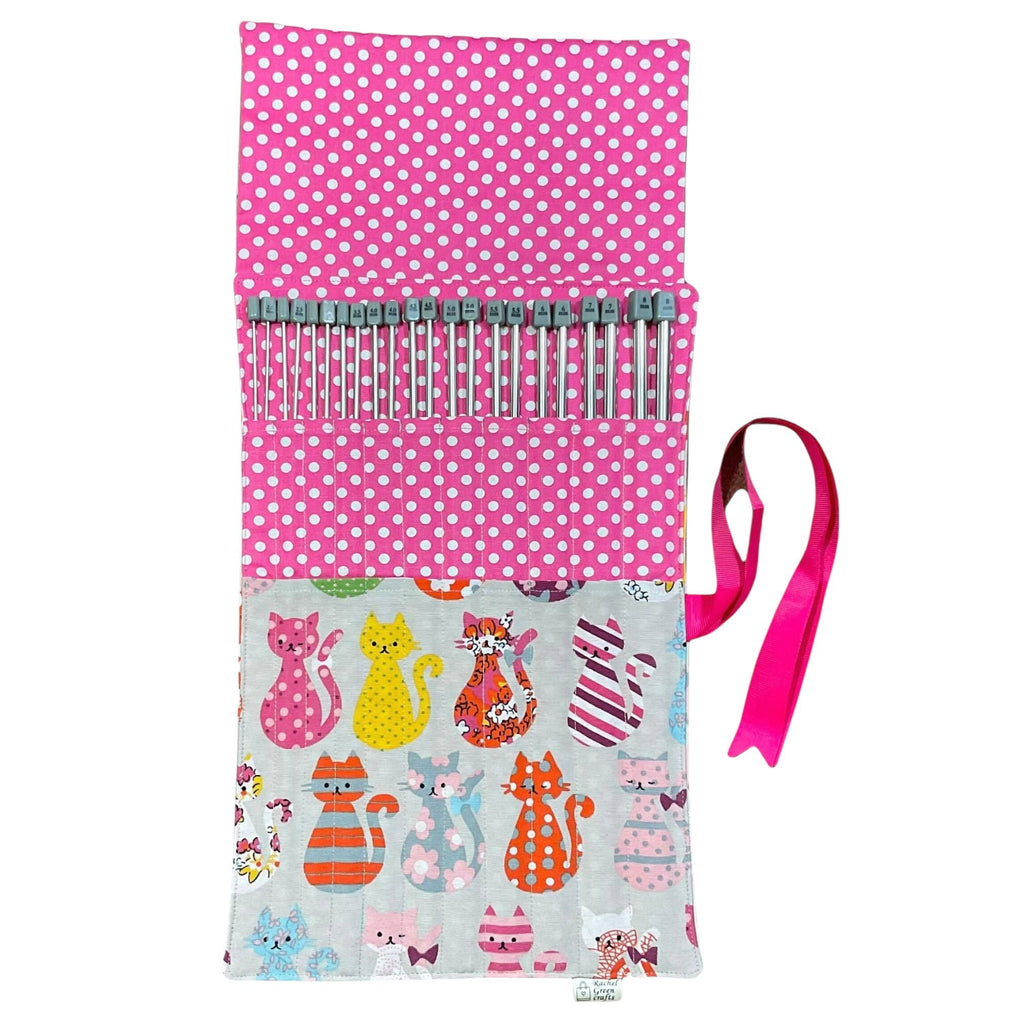 Cat Fabric Knitting Needle Set: Straight Needles Roll-Up Case
