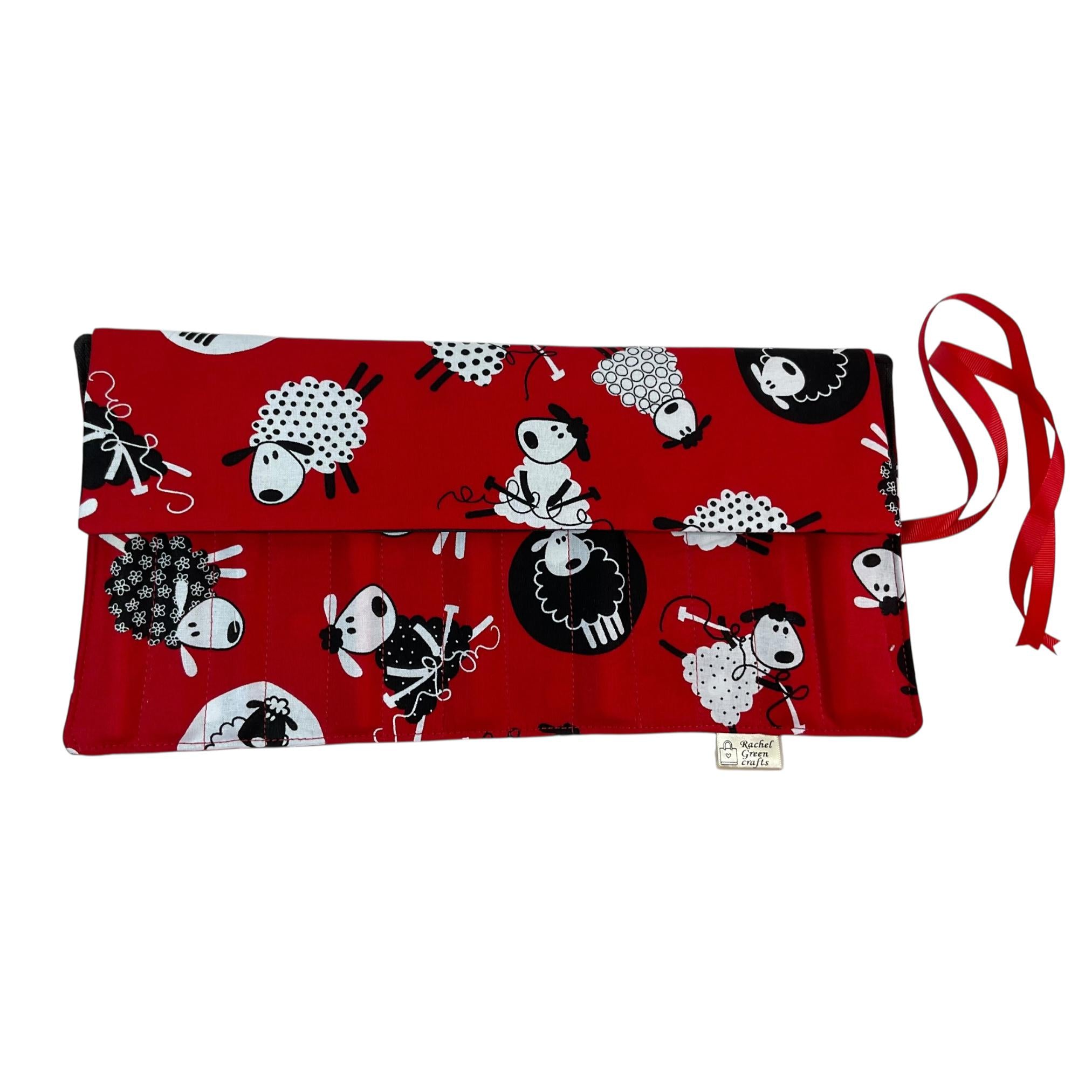 Crochet hook case with knitting sheep, ergonomic hook organiser, roll up case, Sheep lover gift, knitters gift, Crochet gift,  hook storage