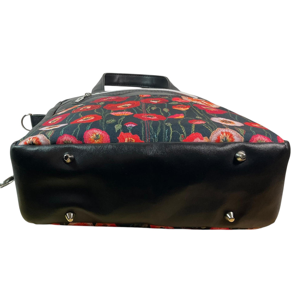 Handbag in faux leather and poppies floral print, vegan ladies gift, handles and crossbody strap bag, rectangular shoulder zip tote