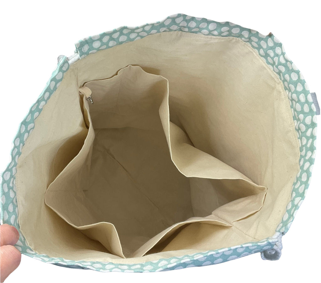 XXL  drawstring knitting bag with Turquoise coloured sheep print, supersized multi pockets project bag with handles