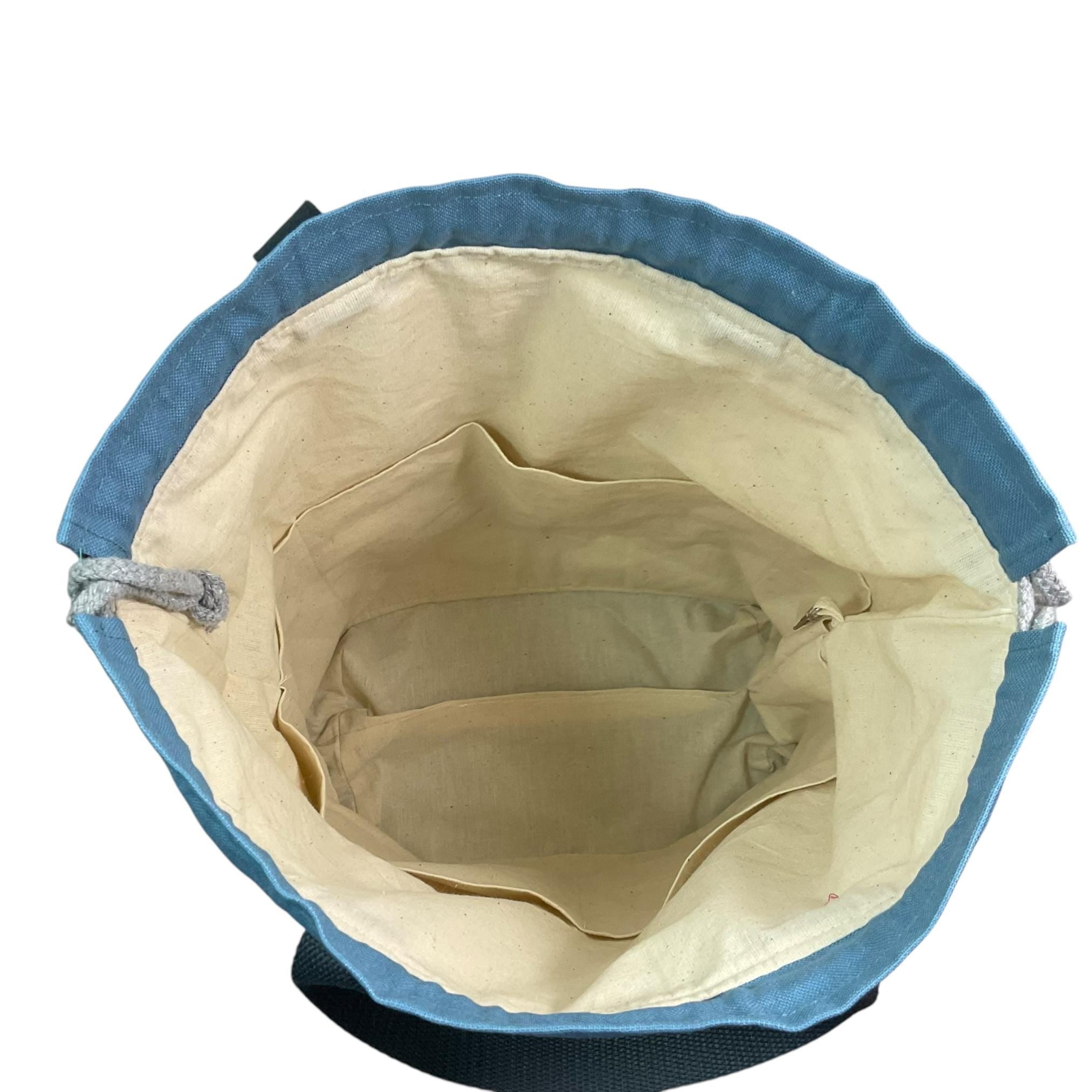 Extra Large drawstring knitting bag with mushroom and toadstool print, multi pockets cottage core project bag with handles