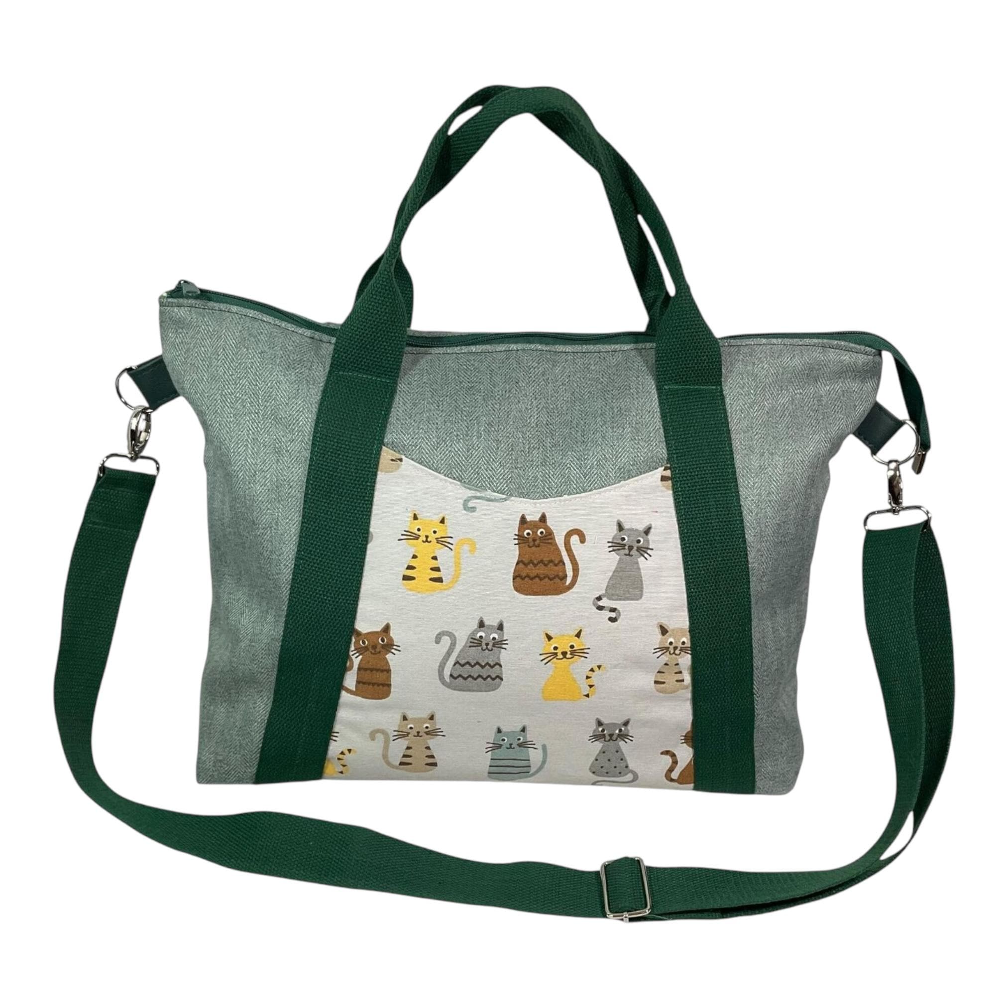 Knitting and crochet tote bag with zip top, large cats organiser crossbody bag