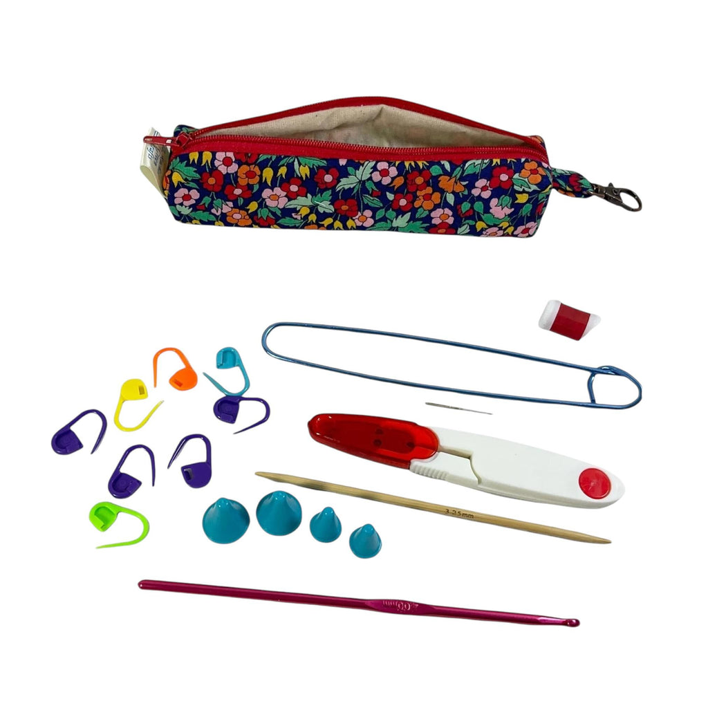 Knitting kit and crochet travel set in Liberty fabric, clip on bag travel kit, floral accessories pouch, travel scissors, crafting kit