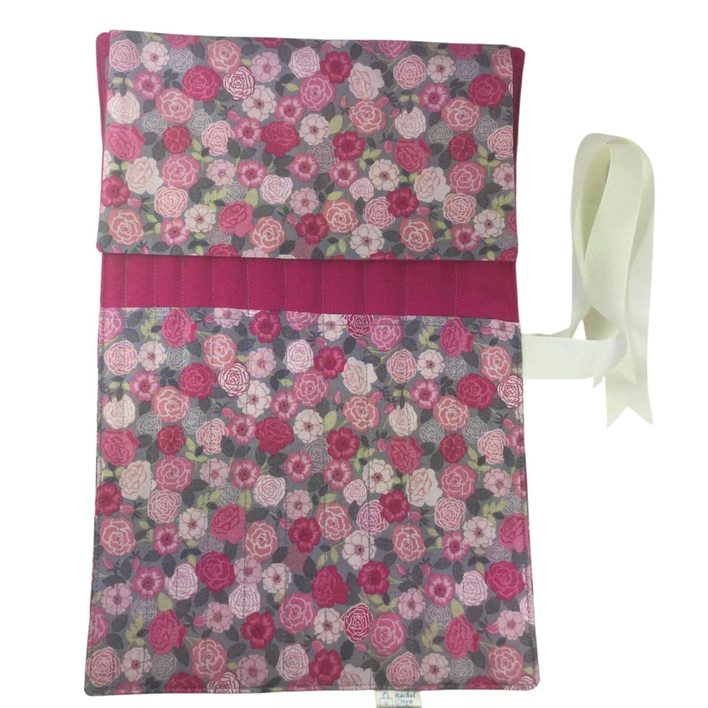 Full set of metal knitting needles in a case with pink floral rose print, straight needles in roll up pouch, gift for knitters