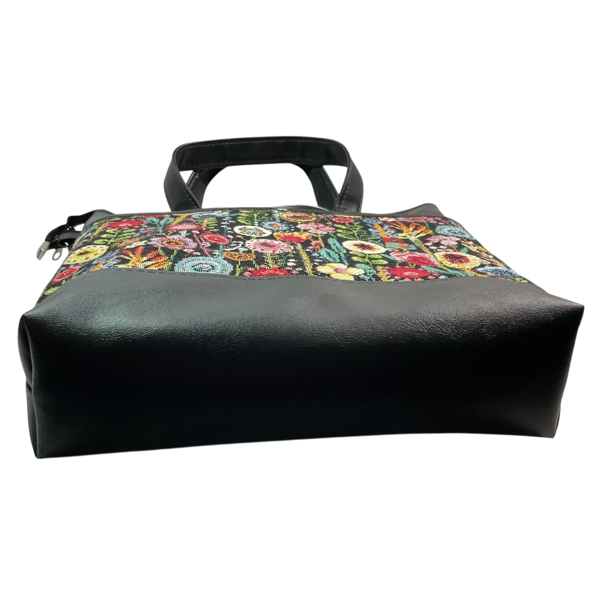 Handbag in faux Leather and floral tapestry fabric, medium tote style zip top shoulder crossbody with carry handles