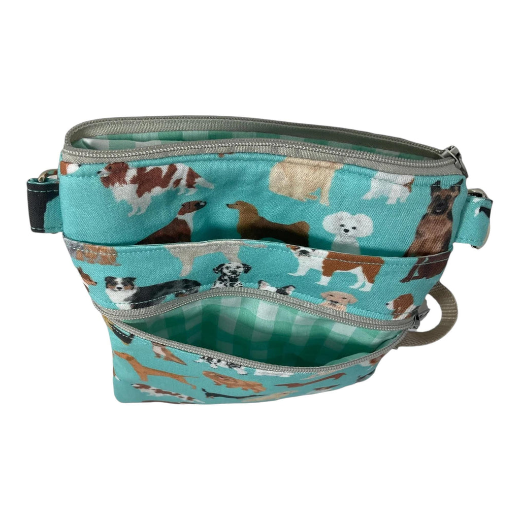 Slim phone shoulder bag with multi pockets and dog print, teen messenger phone pouch, mini clutch bag, clubbing festival bag, dog lover gift