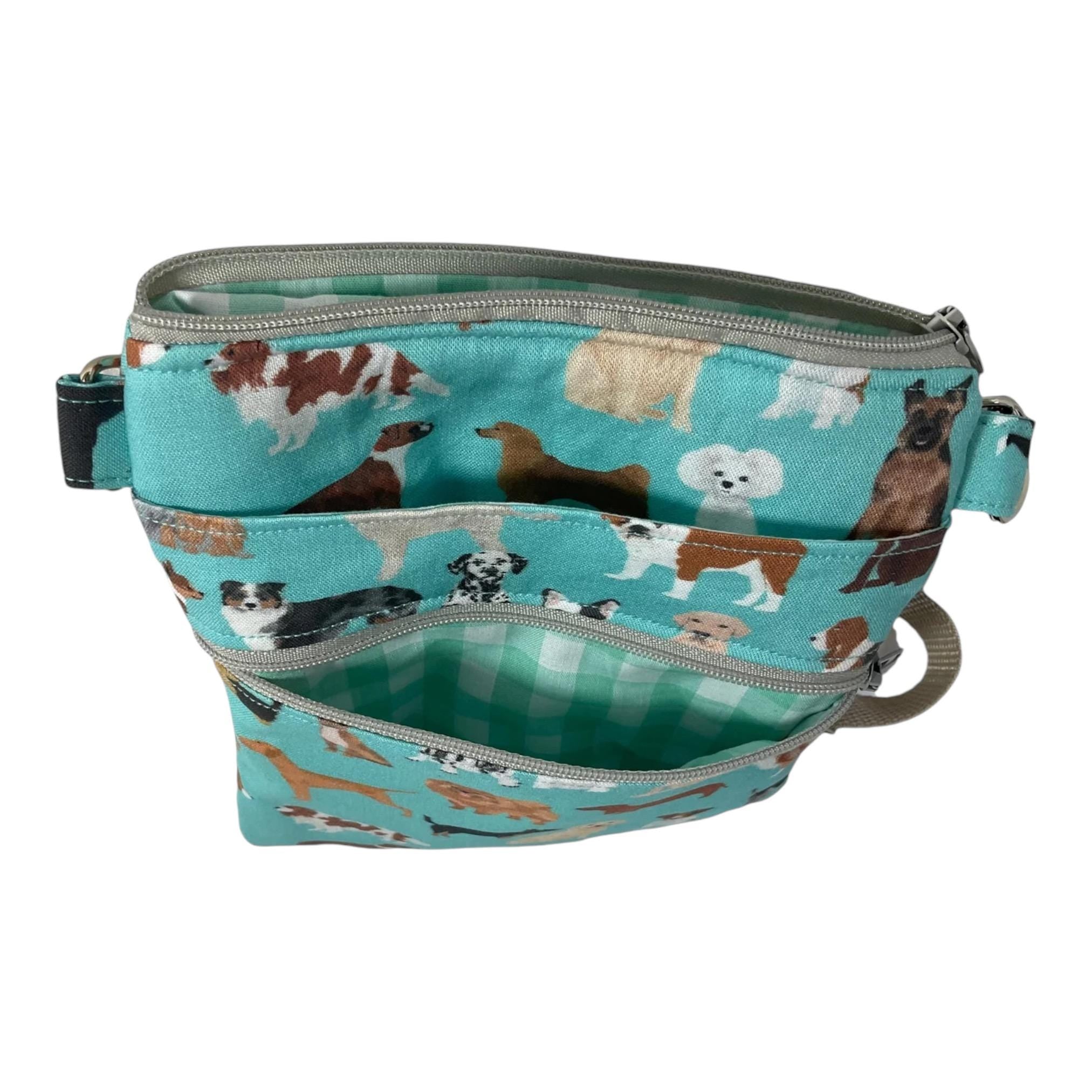 Slim phone shoulder bag with multi pockets and dog print, teen messenger phone pouch, mini clutch bag, clubbing festival bag, dog lover gift