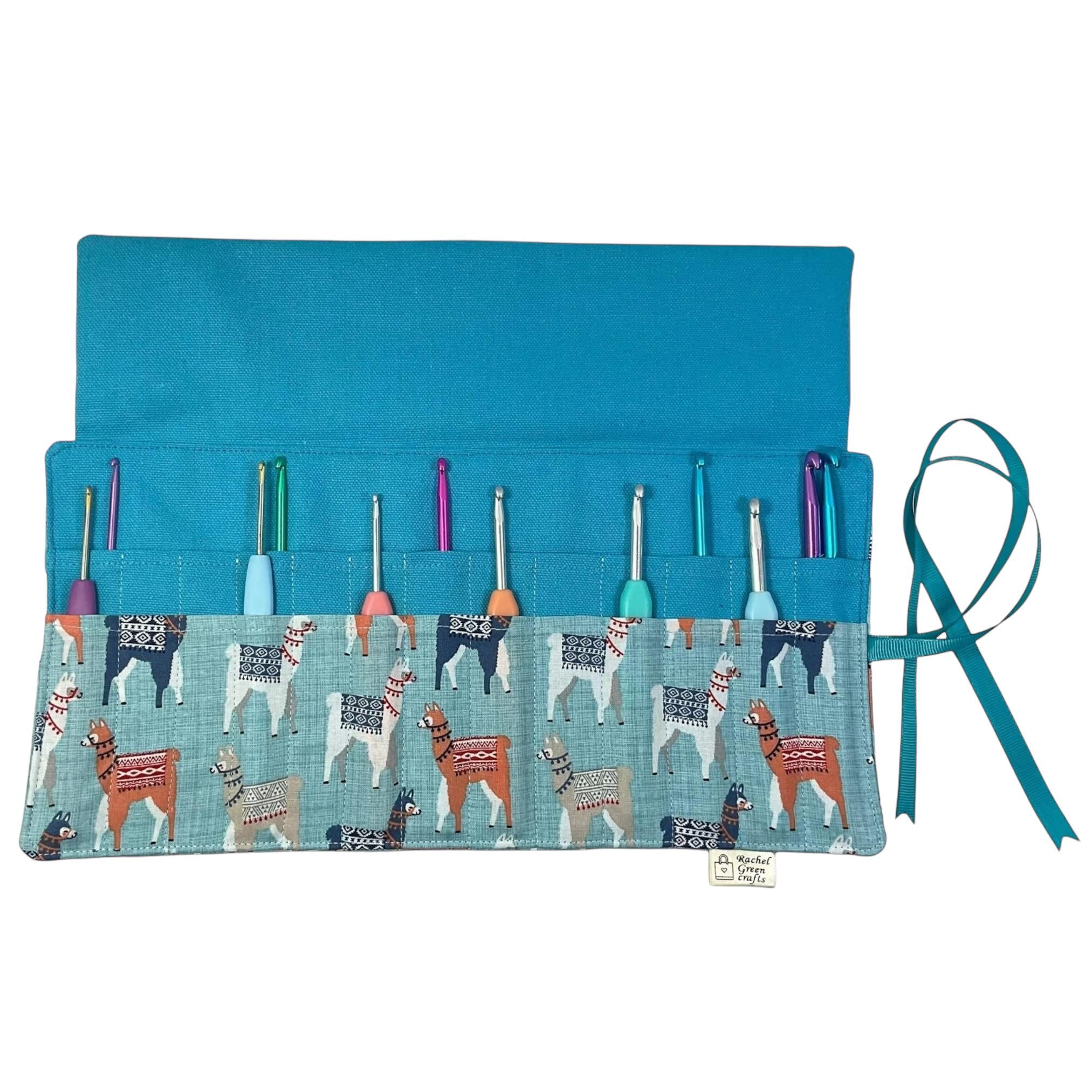 Crochet hook case with llamas, Ergonomic hook organiser, roll up short Dpn case, knitters gift, Crochet gift, crochet storage