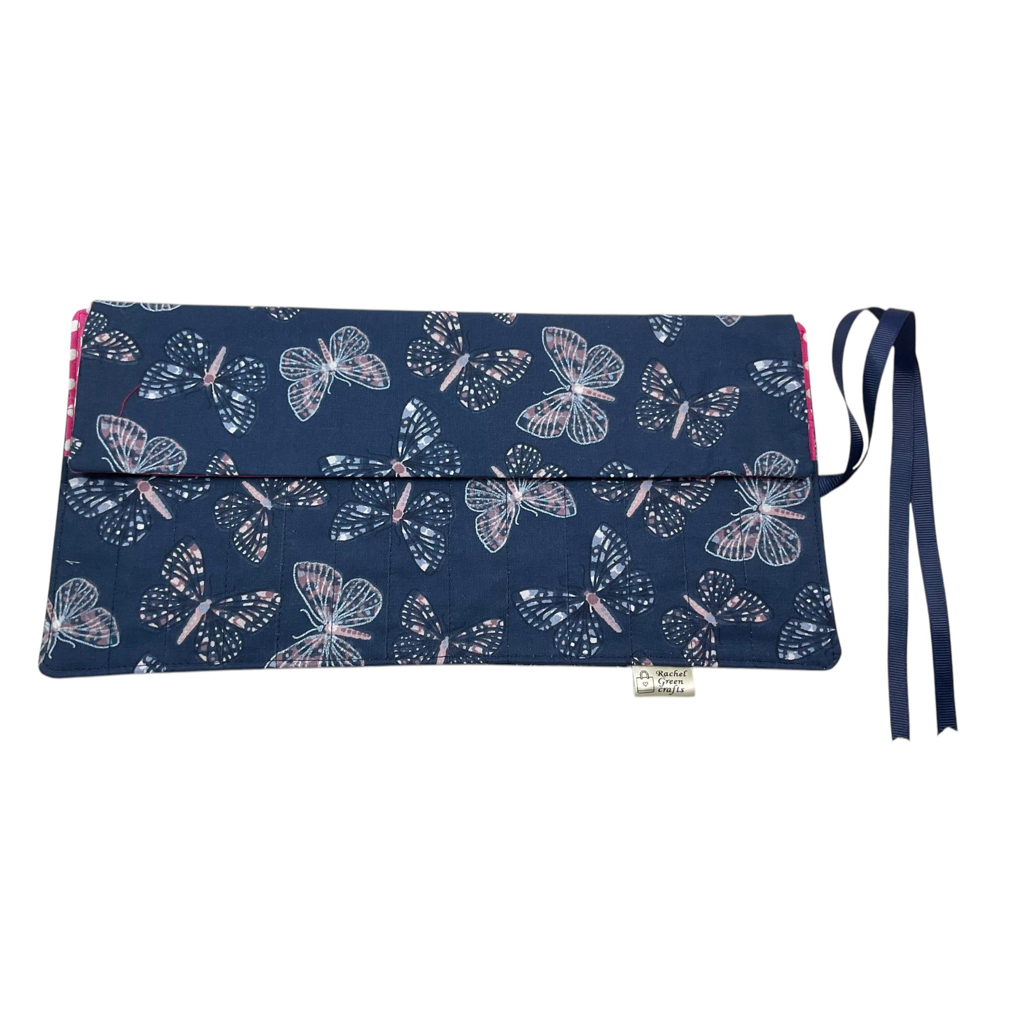 Crochet hook case with pink butterfly print, roll up Ergonomic hook organiser or short  Dpn case, crochet or knitters gift,
