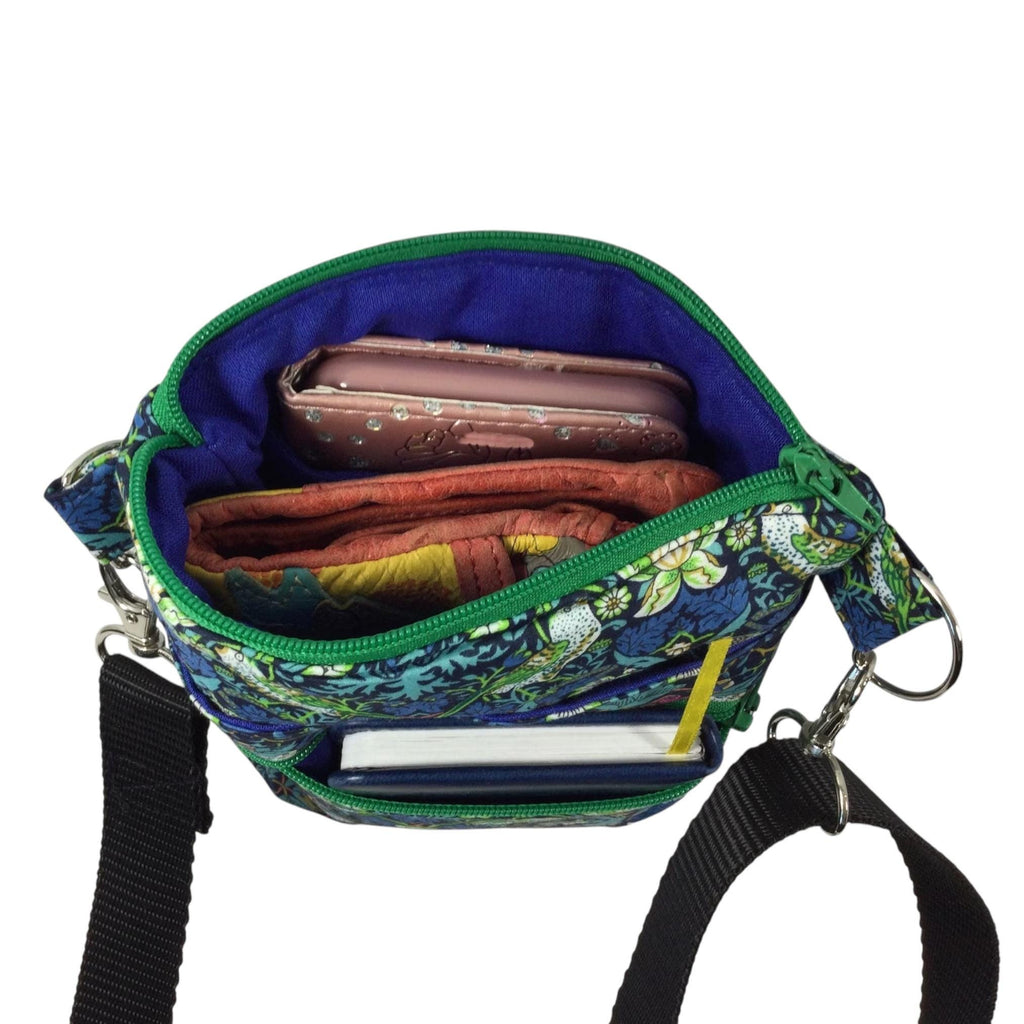 Liberty fabric slim phone shoulder bag with multi pockets, teen messenger style floral phone pouch, mini clutch bag, clubbing festival bag,