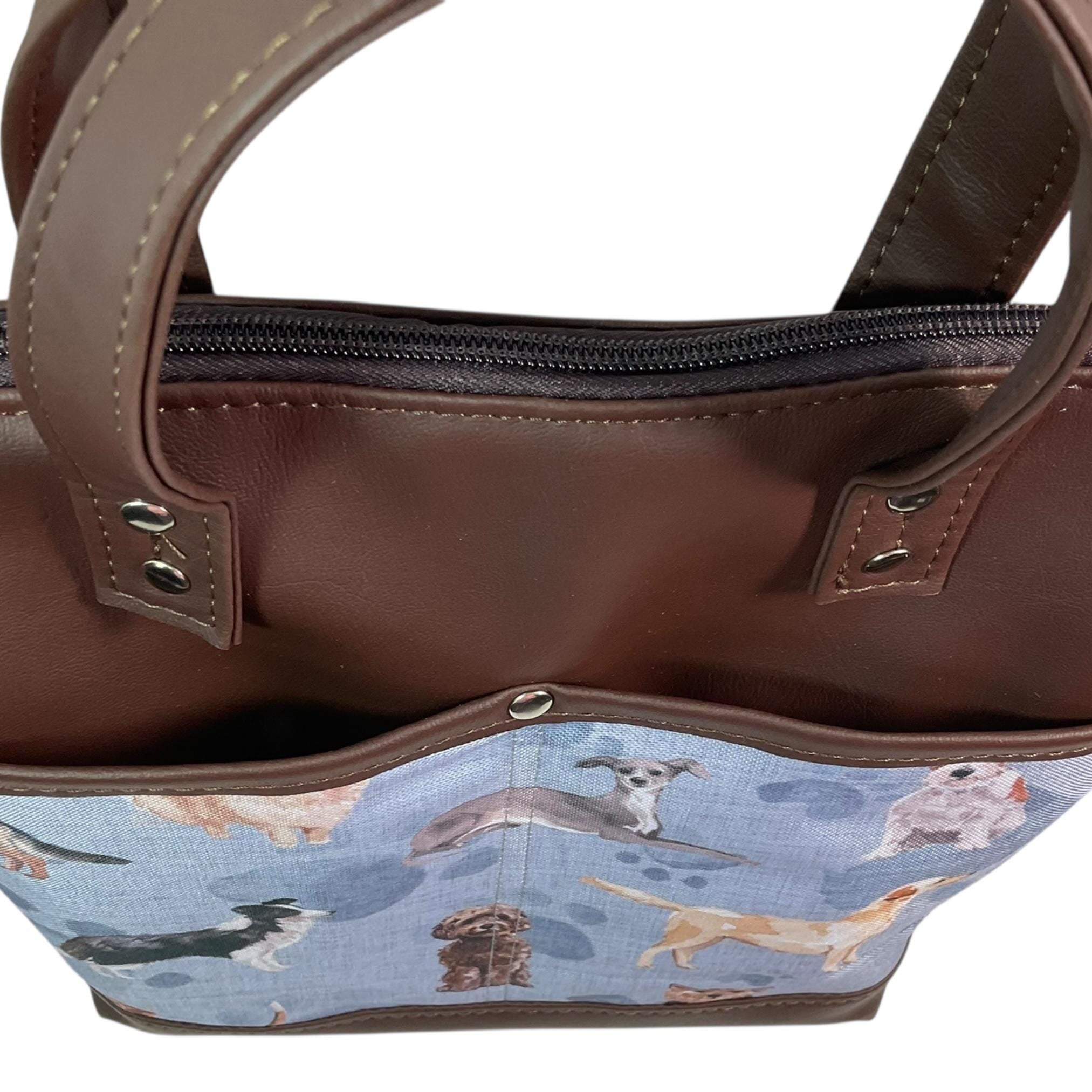 Handbag in faux Leather and dog breeds print  fabric, medium tote style zip top shoulder crossbody with carry handles