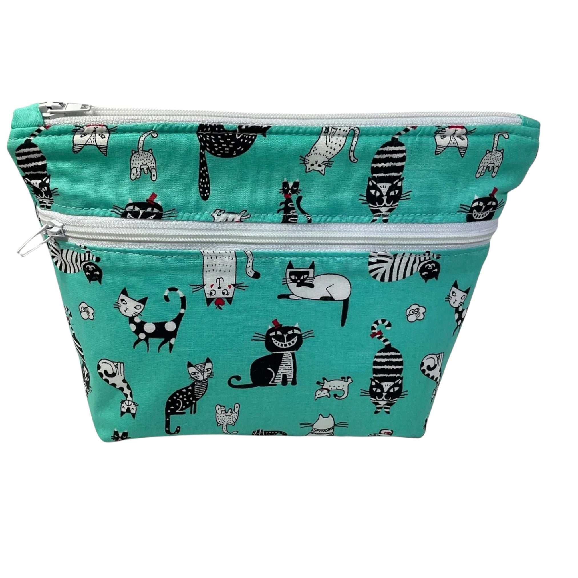 Cosmetics bag with cat print and 2 pockets,  makeup pouch, water resistant case, notions zipper pouch, cat lover gift