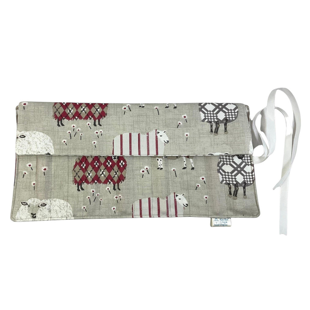 Crochet hook case with red sheep, ergonomic hook organiser, roll up case, Sheep lover gift, knitters gift, Crochet gift,  hook storage