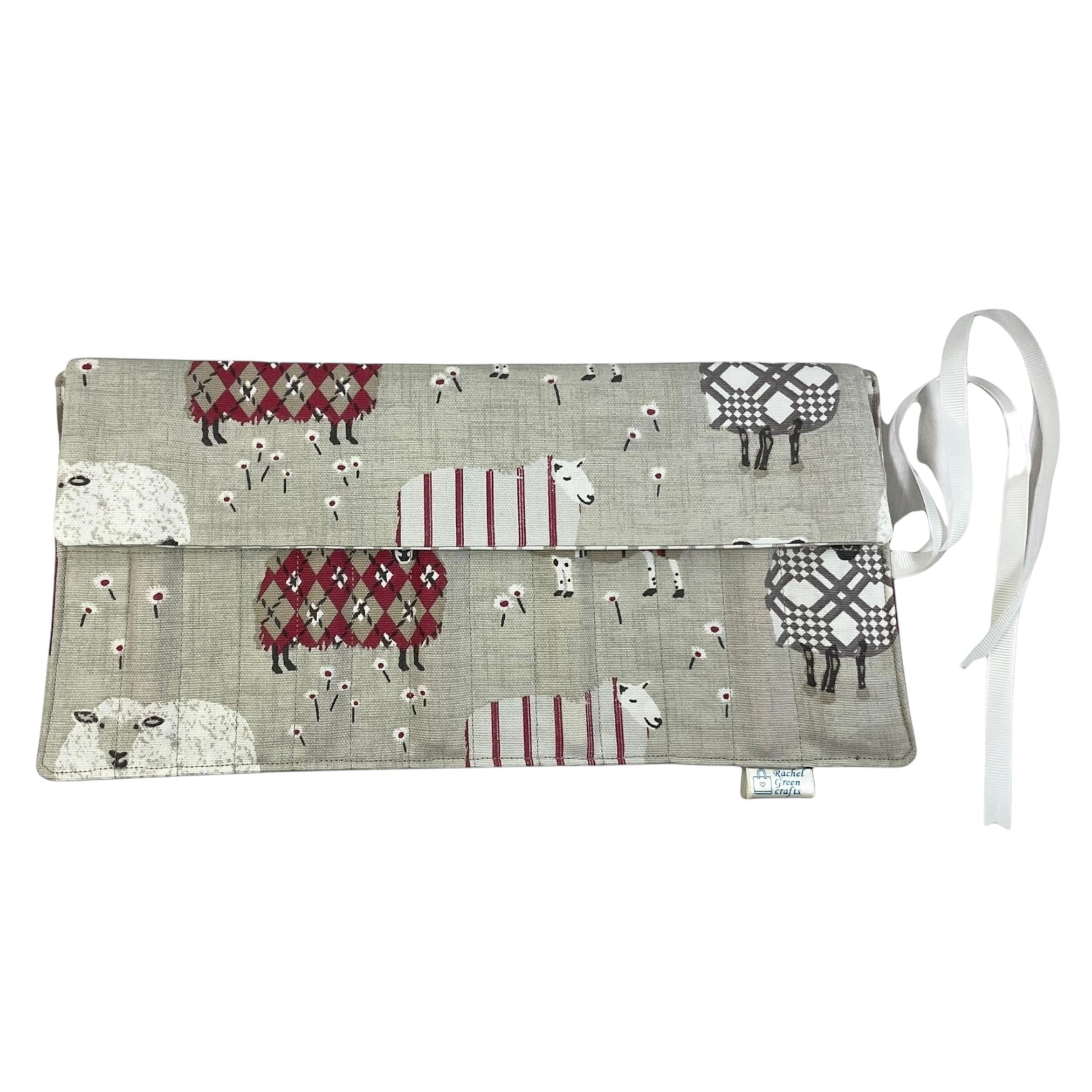 Crochet hook case with red sheep, ergonomic hook organiser, roll up case, Sheep lover gift, knitters gift, Crochet gift,  hook storage