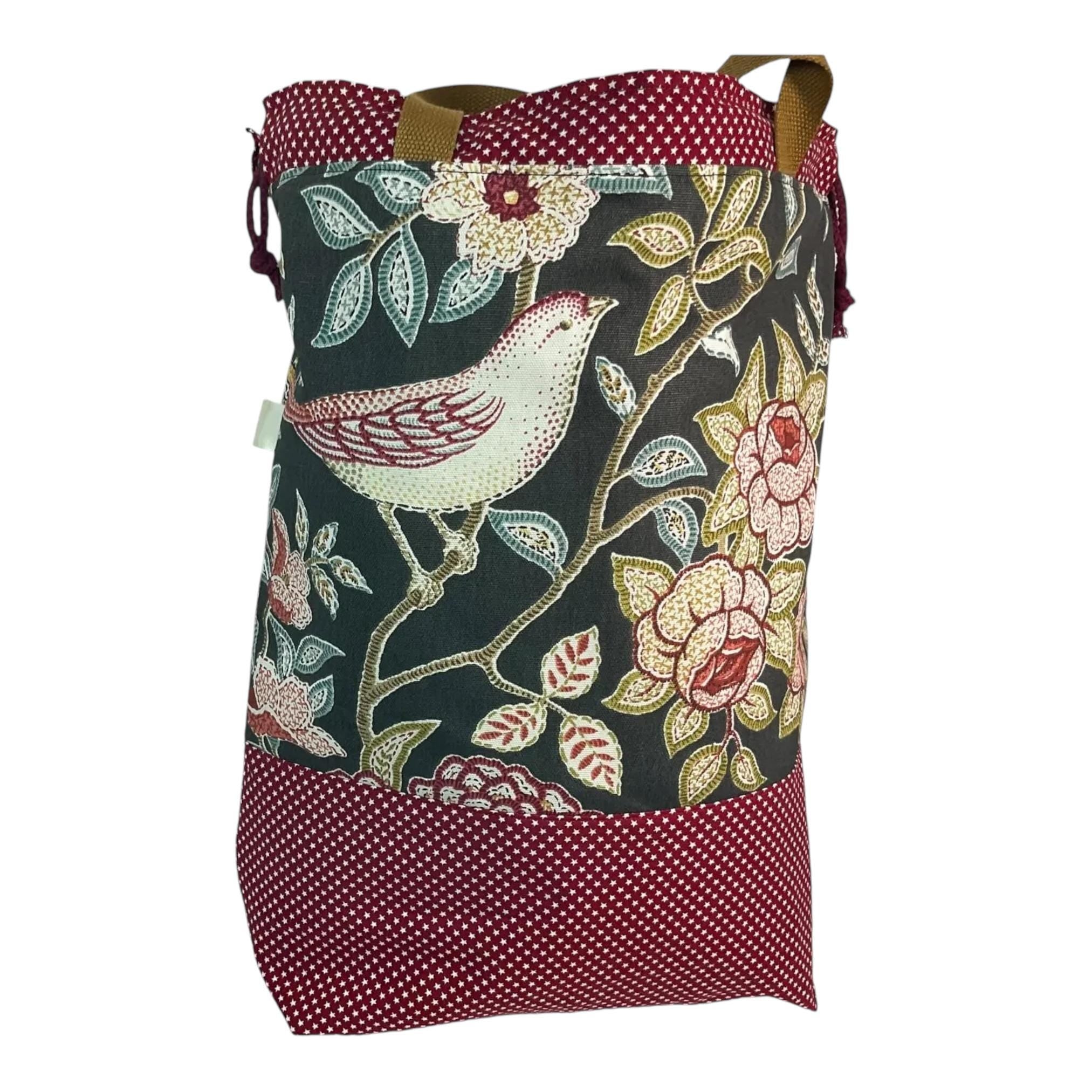 XXL Knitting Project Bag: Floral Bird Print, Multi-Pocket Drawstring Tote
