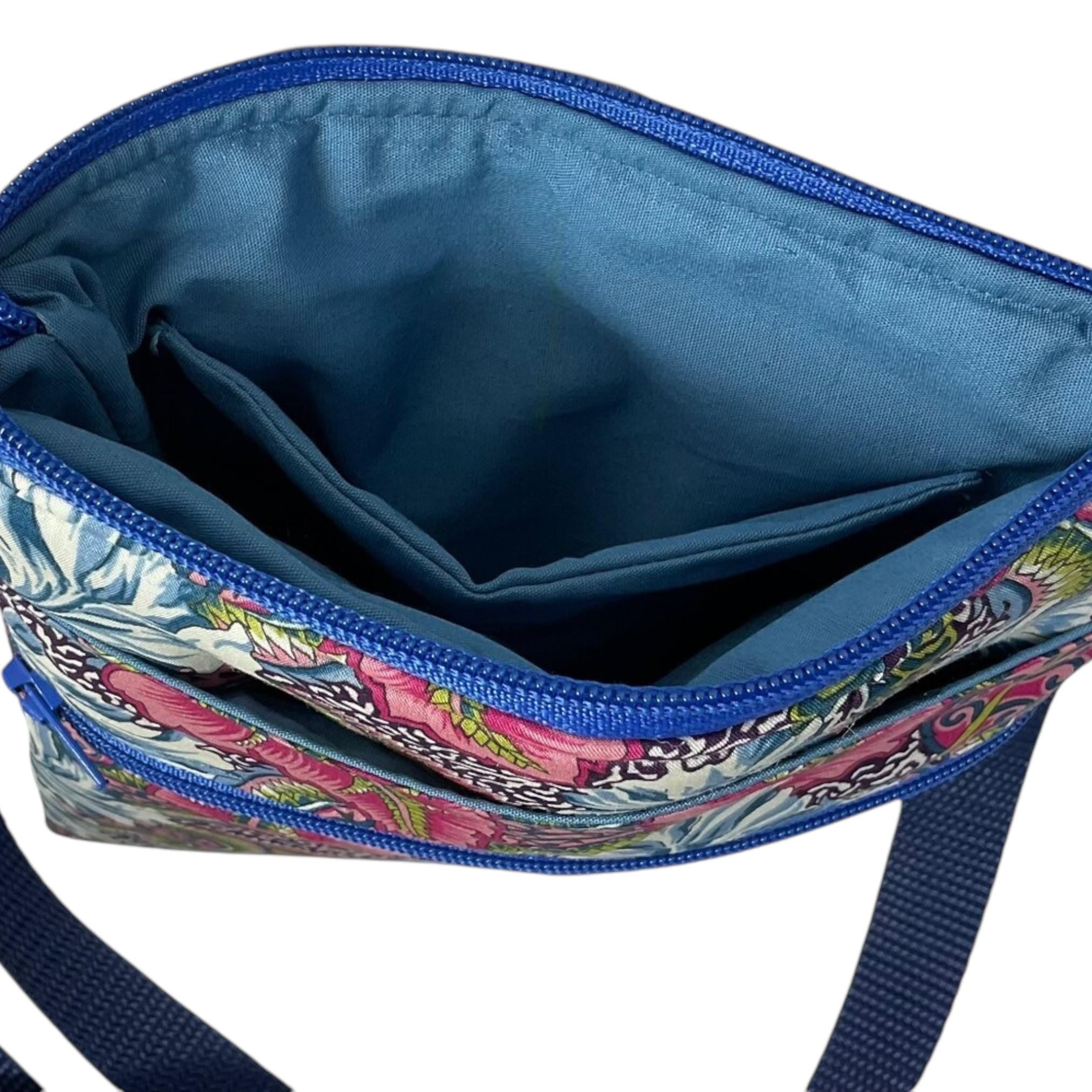 Liberty fabric slim phone shoulder bag with multi pockets, teenager messenger style floral phone pouch, mini clubbing festival clutch bag