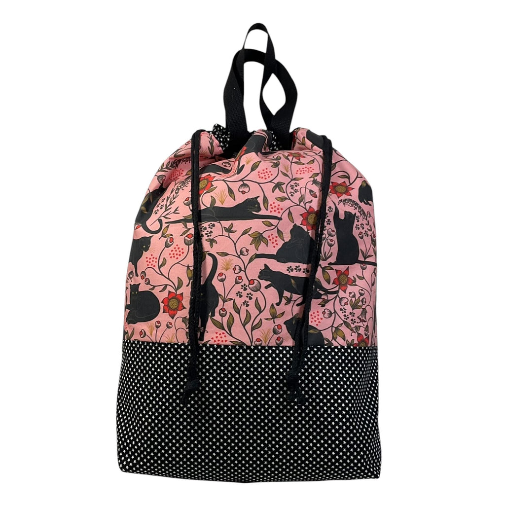 XXL  drawstring knitting bag with black cats and flowers print, supersized multi pockets project bag with handles, cat lover gift