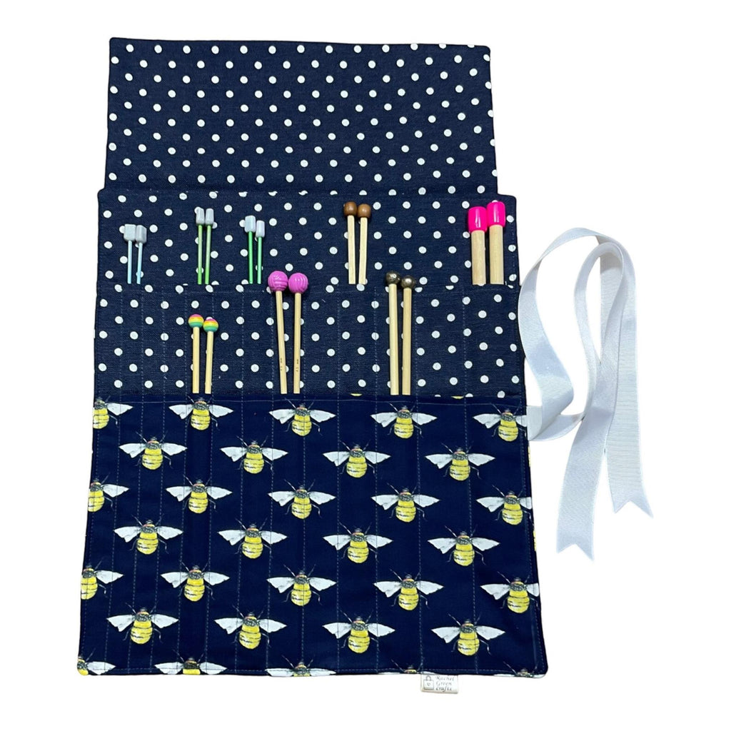 Straight knitting needle case with Bees, bugs needle roll, storage case, knitting accessories, knitters gift,needle organiser