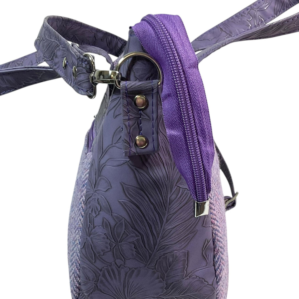 Harris tweed Crossbody Handbag, floral faux leather tote, purple  shoulder bag,  zip pocket large adjustable strap organiser bag