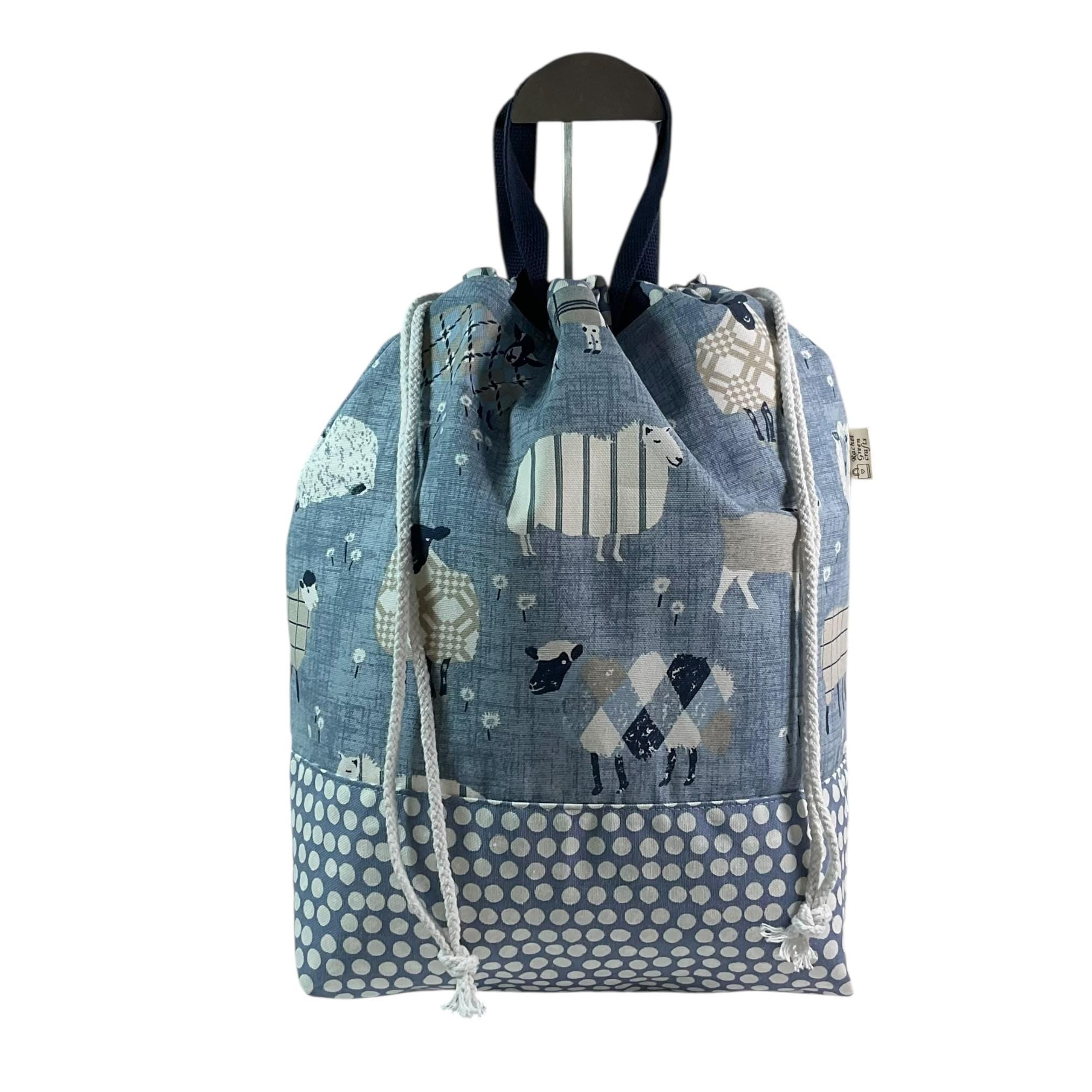 Extra Large drawstring knitting bag with blue sheep print, multi pockets project bag with handles