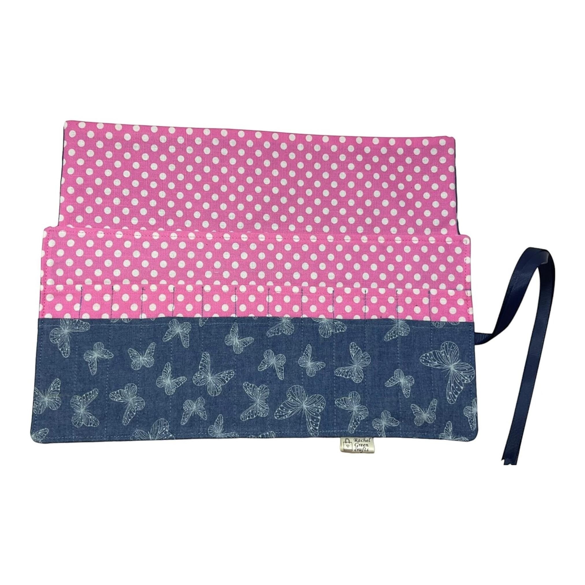 Crochet hook case in denim with butterfly print, roll up Ergonomic hook organiser or short  Dpn case, crochet or knitters gift,
