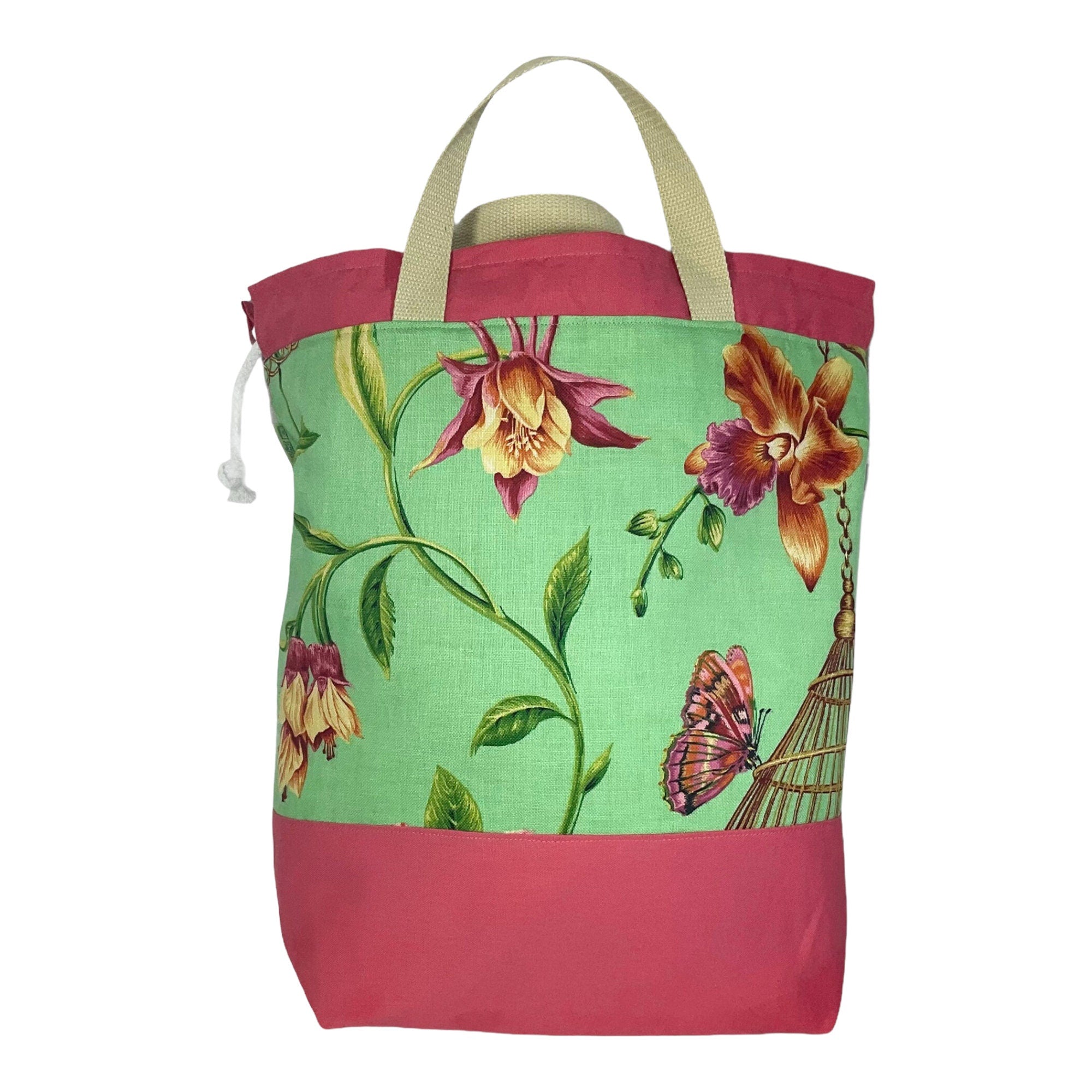 Extra Large canvas drawstring knitting bag with hummingbirds and butterflies print, multi pockets project bag with handles