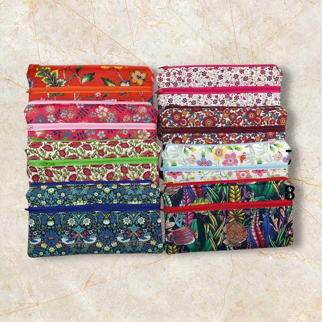 Liberty fabric two pocket pouch, double pocket cosmetics case, 2 section pencil storage,  floral water resistant ladies gift, girls privacy
