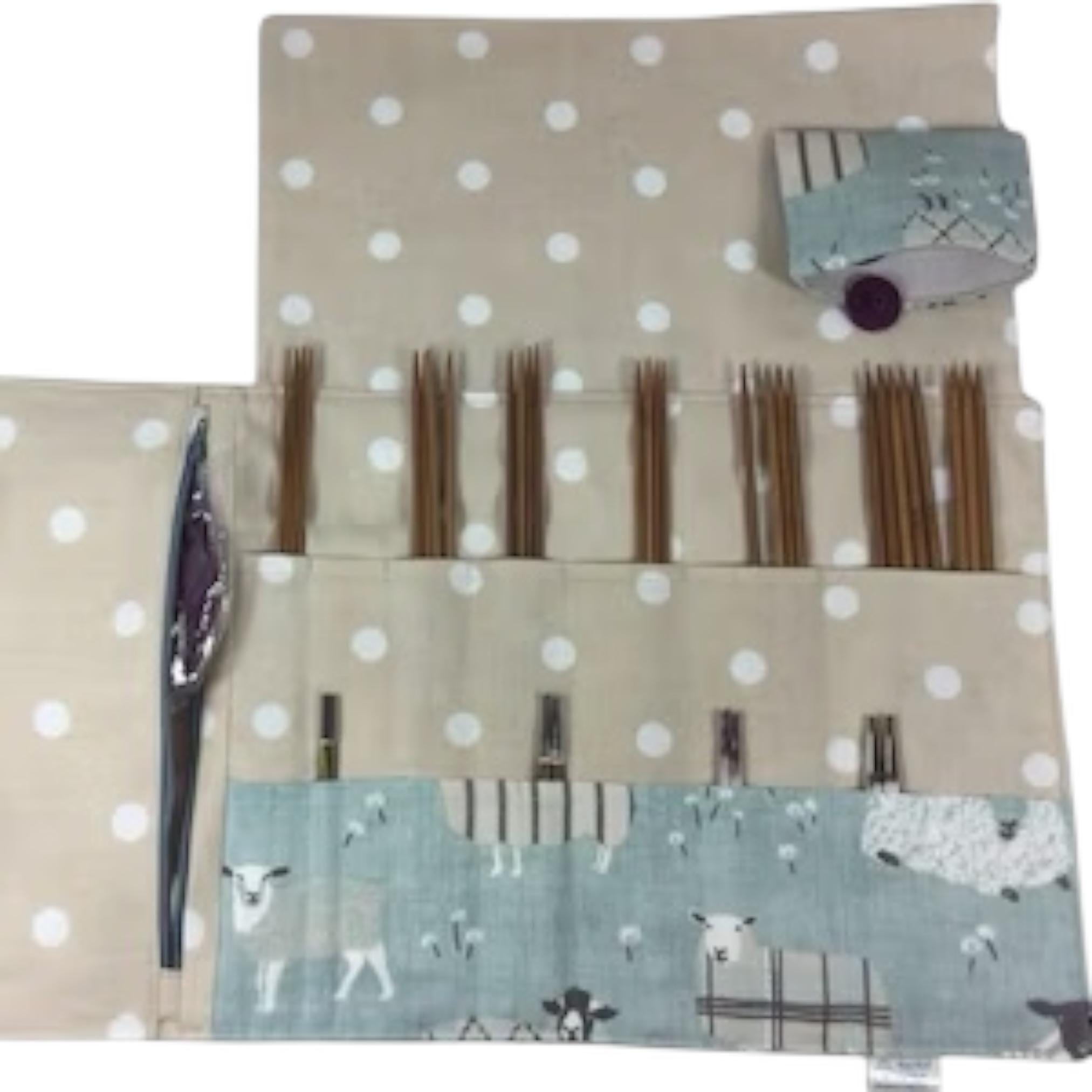 interchangeable and double pointed needle case with turquoise sheep, knitting needle pouch, hiya hiya case, knit pro wallet