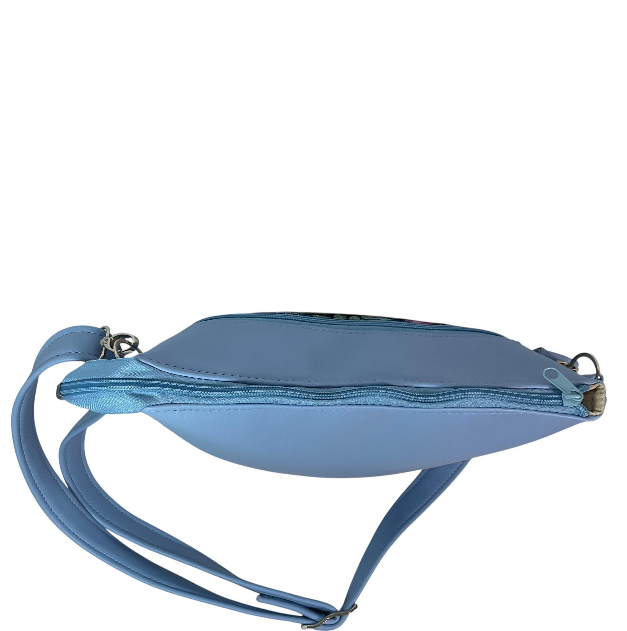 Handbag in faux Leather and floral wisteria print  fabric, medium sized zip top shoulder crossbody