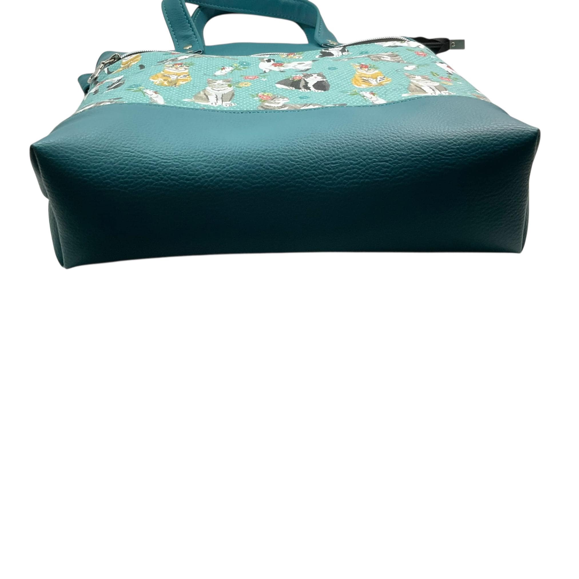Handbag in faux Leather and cat breeds print  fabric, medium tote style zip top shoulder crossbody with carry handles