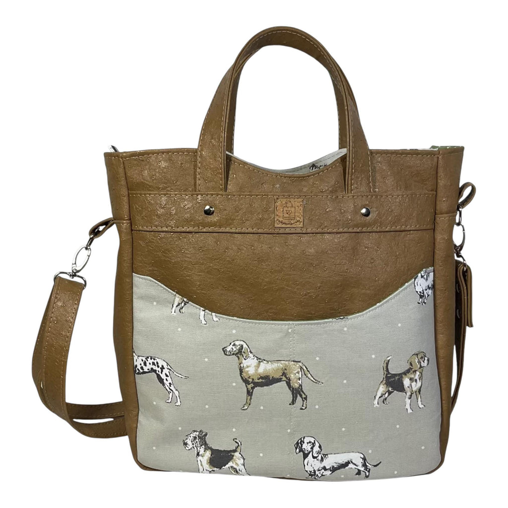 Handbag in faux leather and dog print, pet dog lover vegan ladies gift, handles and crossbody strap bag, shoulder zip pouch