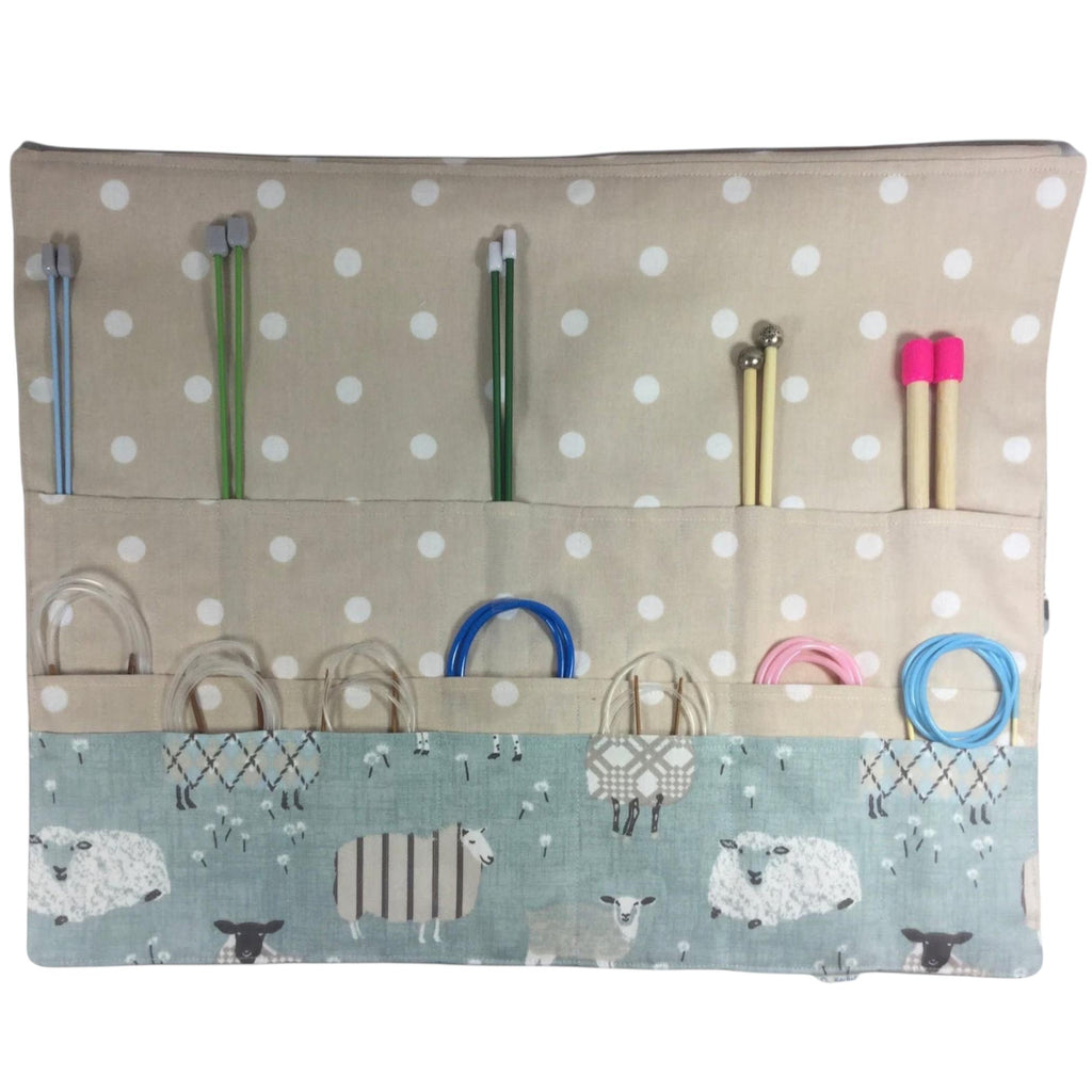 Straight and circular knitting needle case with blue sheep, knitting needle pouch,  needle storage, long needles wallet, fixed sock needle