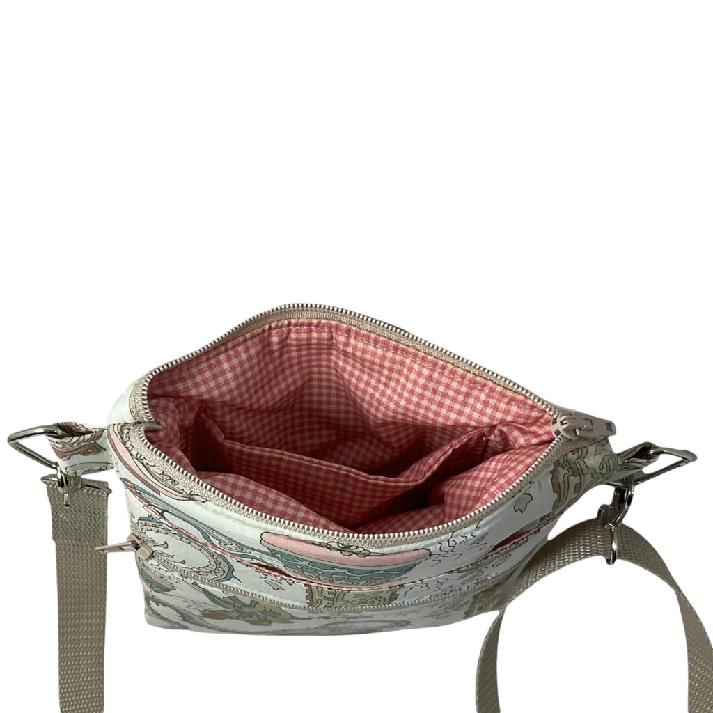 Liberty fabric slim phone shoulder bag with multi pockets, teen messenger style floral phone pouch, mini clutch bag, clubbing festival bag,