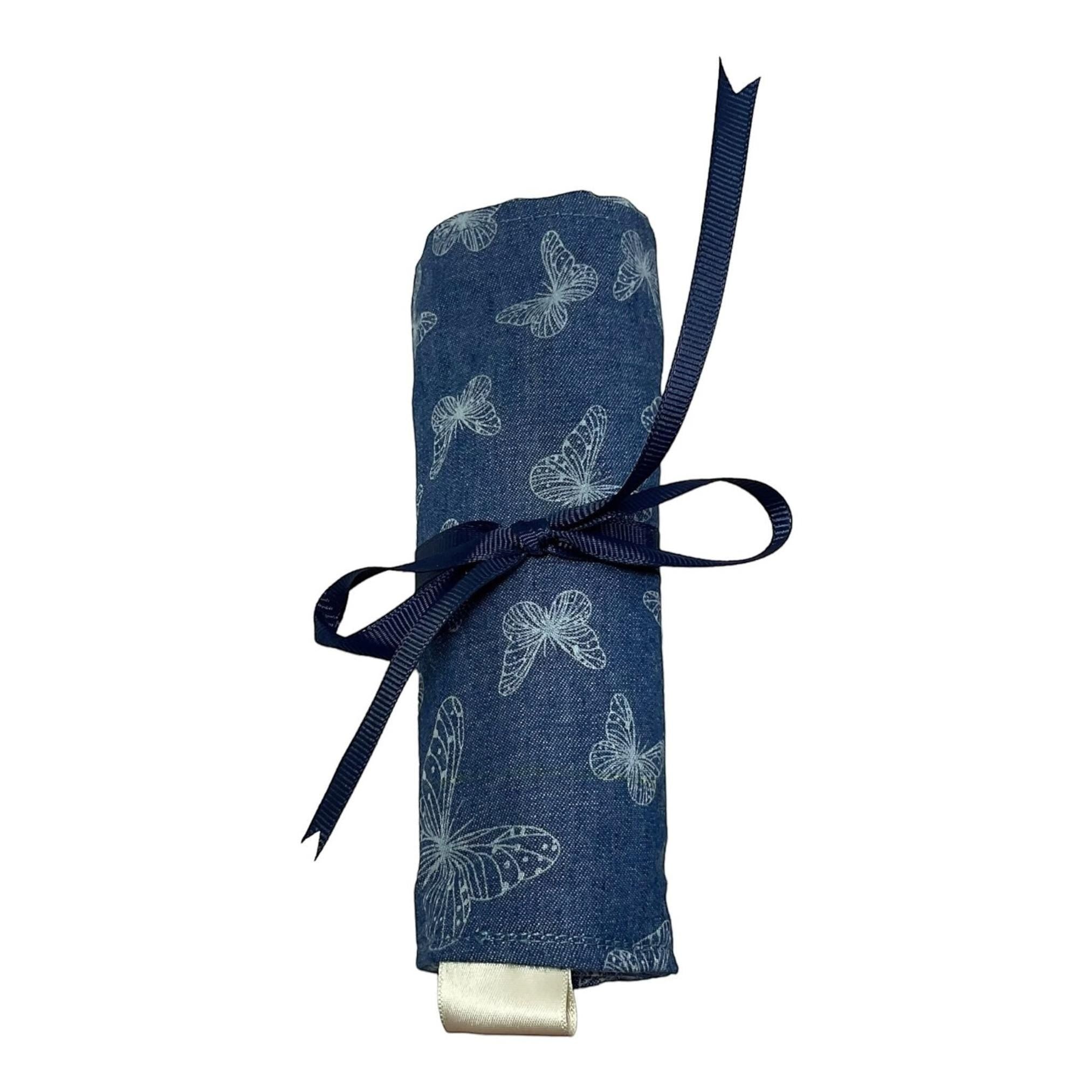 Crochet hook case in denim with butterfly print, roll up Ergonomic hook organiser or short  Dpn case, crochet or knitters gift,