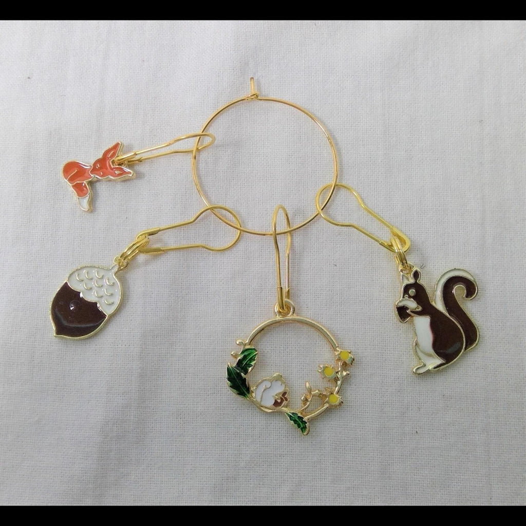 Squirrel and fox stitch markers , enamelled colourful woodland  progress charm, knitting markers, lace markers, knitters gift, place keeper