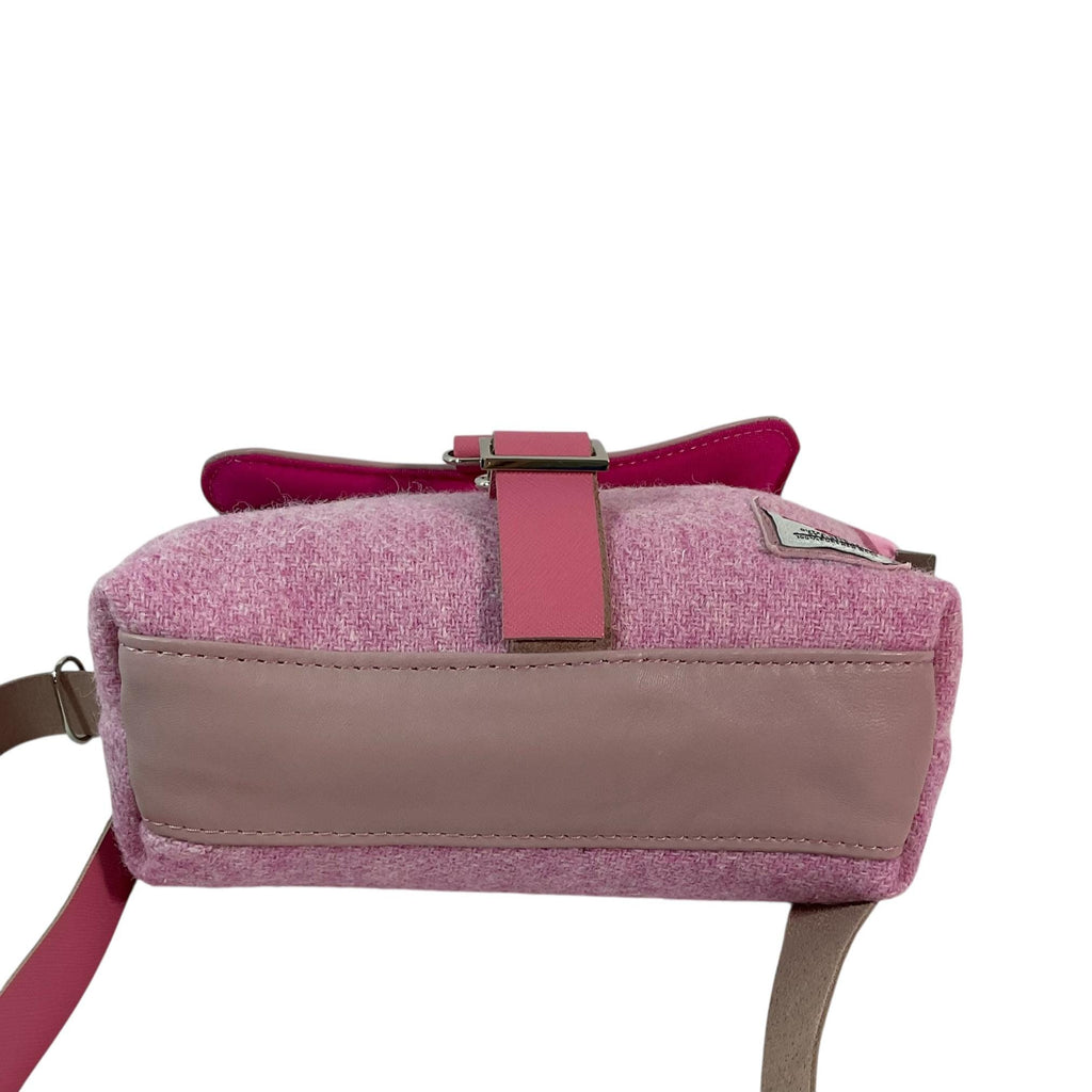 Satchel Handbag in genuine leather and Harris tweed pink pure wool,  medium sized zip top shoulder bag, pink lovers