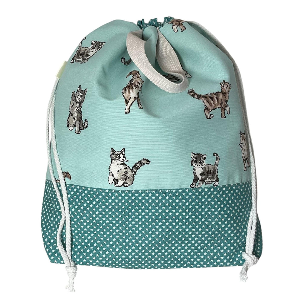 Extra Large canvas drawstring knitting bag with cats print, multi pockets project bag with handles