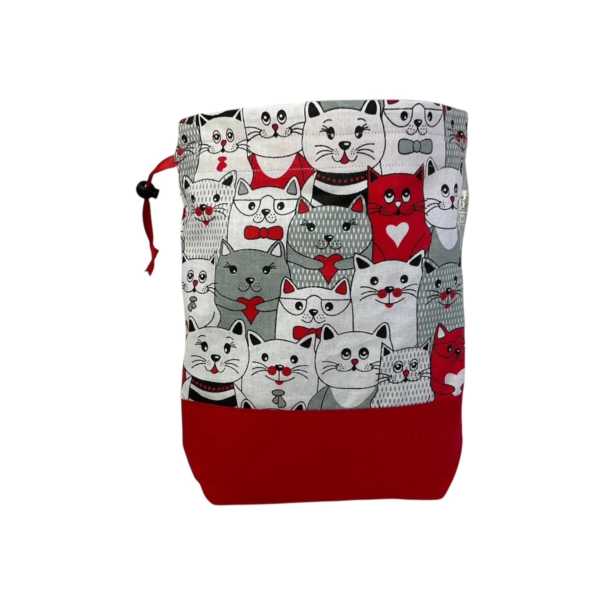 Two at a time knitting bag with cats, medium sock sack, cat lover divided drawstring, ,crochet and crafting work in progress bag , WIP bag