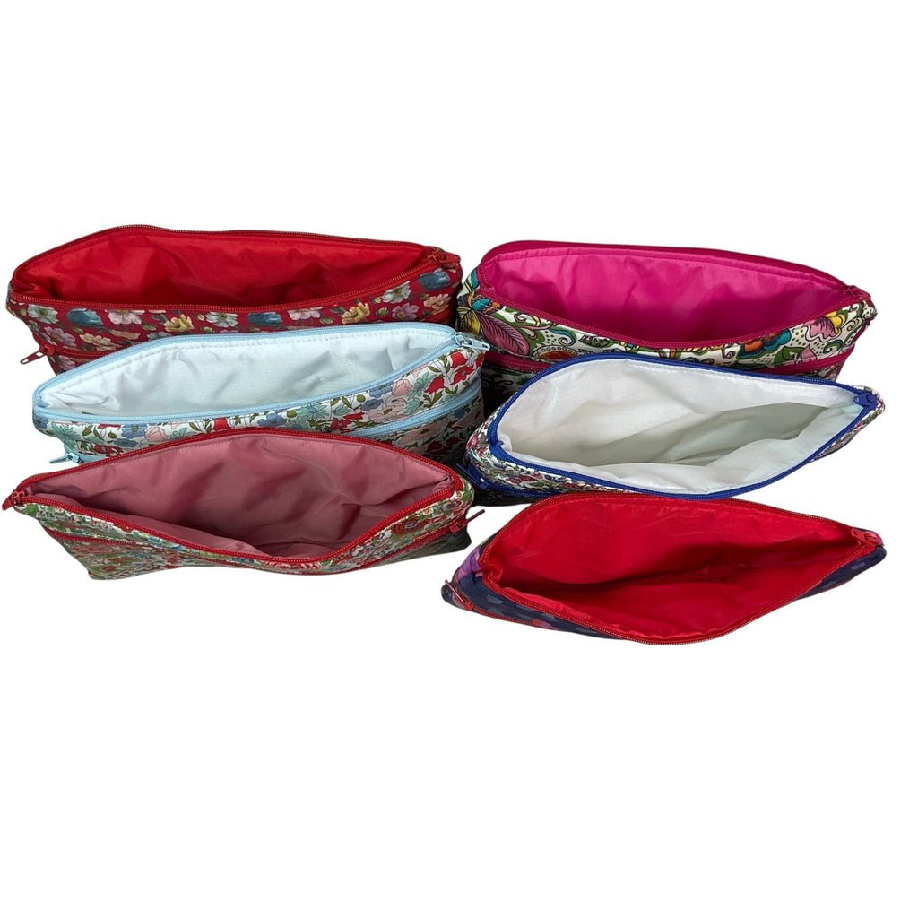 Liberty fabric two pocket pouch, double pocket cosmetics case, 2 section pencil storage, floral water resistant ladies gift, privacy