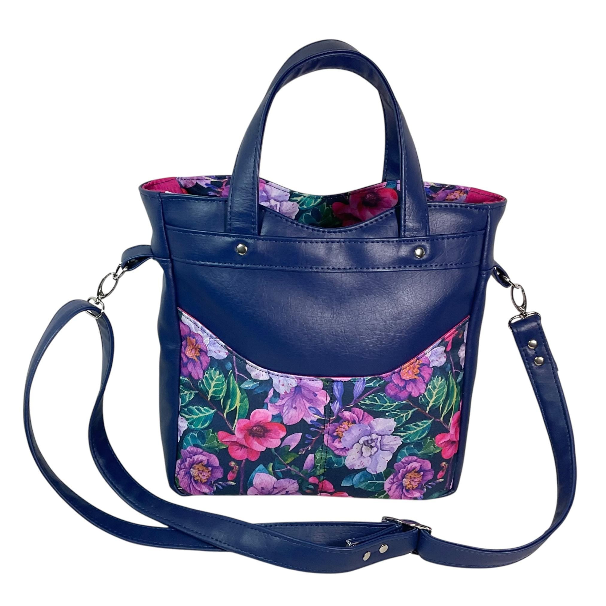 Handbag in faux leather and purple  floral print, vegan ladies gift, handles and crossbody strap bag, rectangular shoulder zip tote