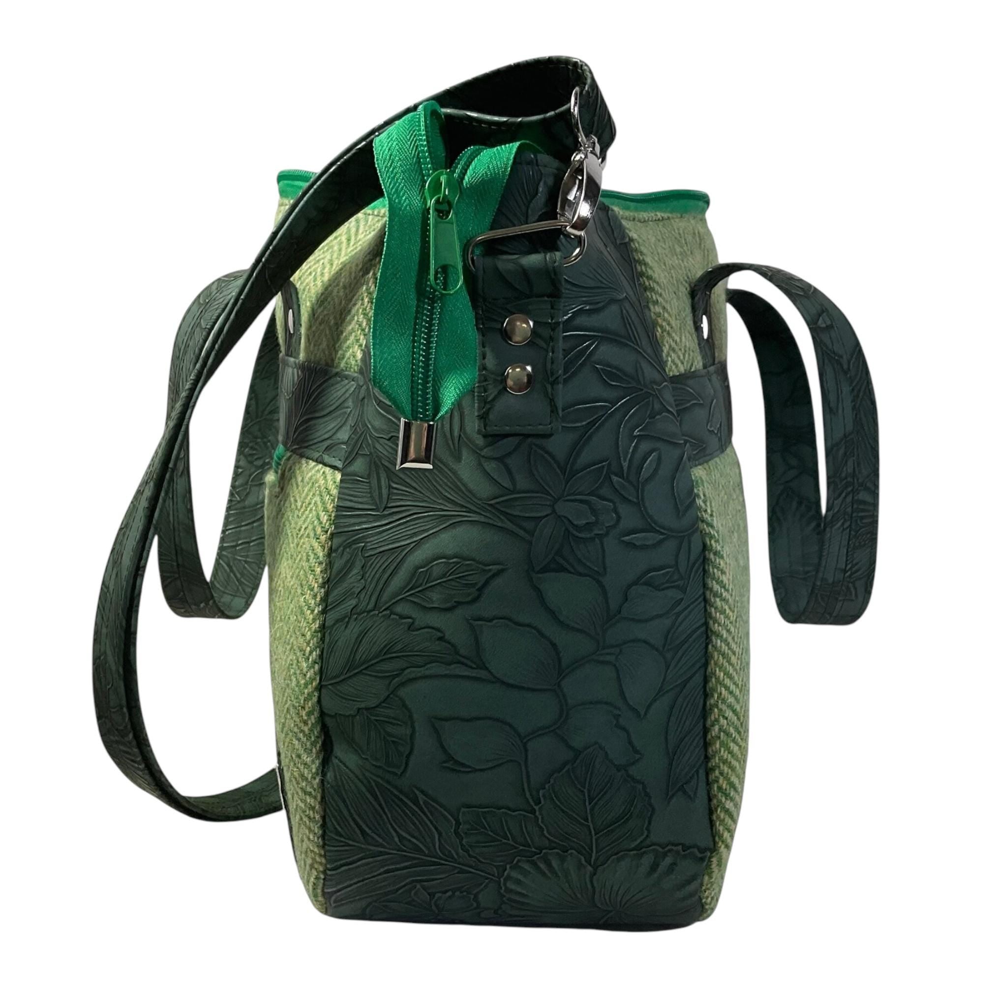 Harris tweed Crossbody Handbag,green floral faux leather tote, floral shoulder bag, zip pocket large adjustable strap organiser bag
