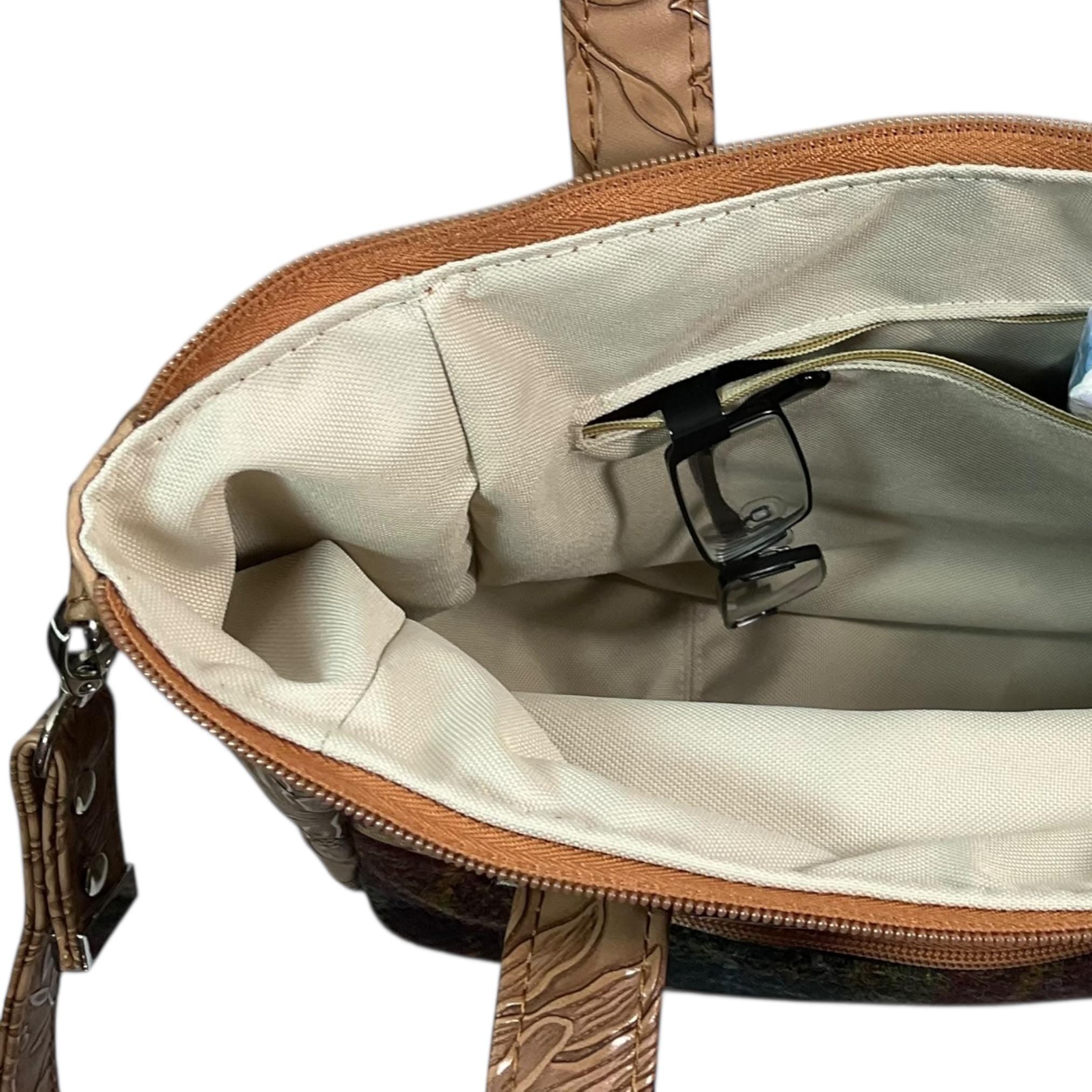 Harris tweed Crossbody Handbag, floral faux leather tote, caramel brown shoulder bag,  zip pocket large adjustable strap organiser bag