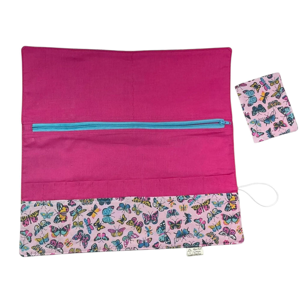 Interchangeable knitting needle case with Liberty fabric , butterfly addi case, chiagoo wallet, knit pro organiser pouch, hiya hiya case,