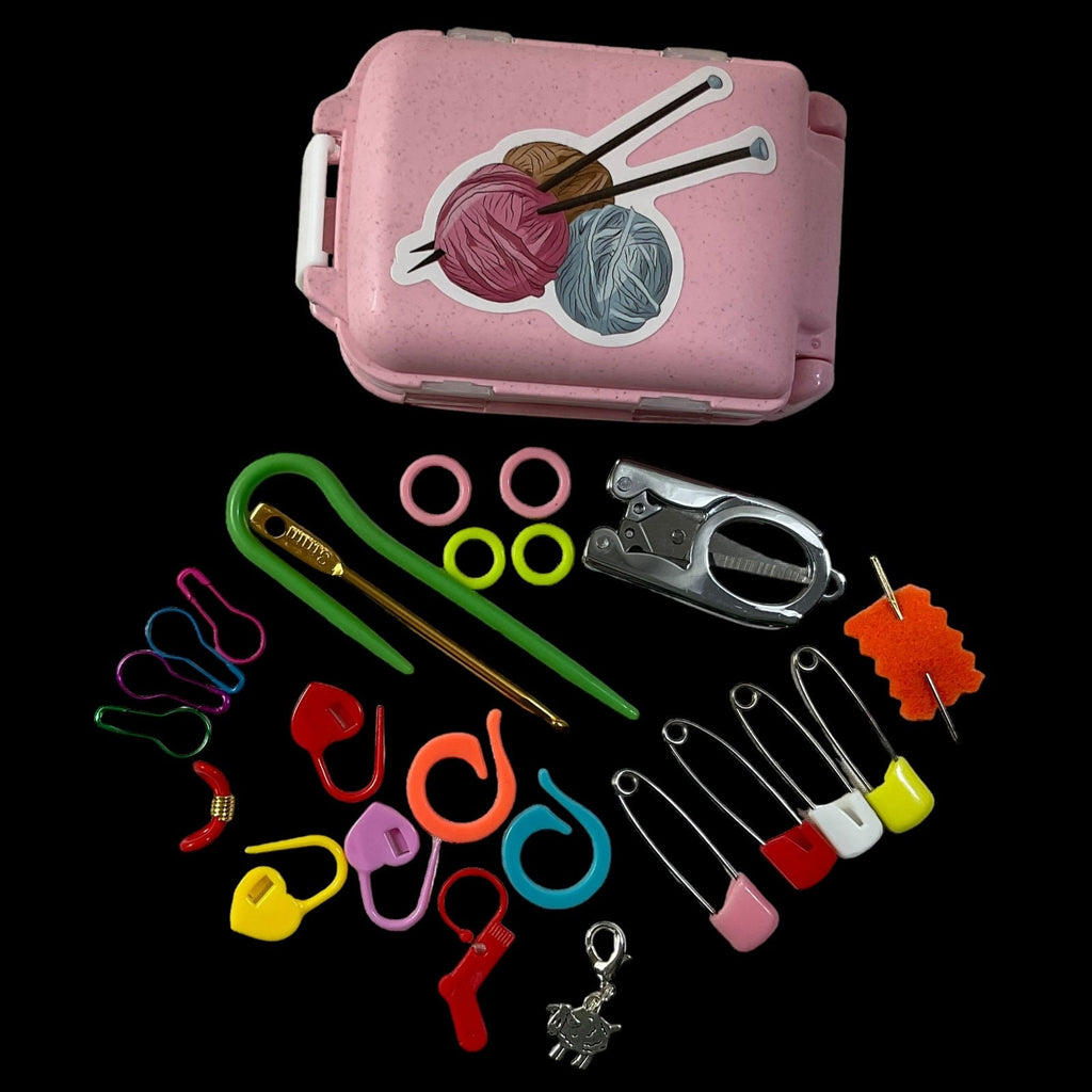 Knitting notions and accessories box filled with tools, butterfly,  sheep or cat motif, stitch marker 8 compartment organiser for crochet