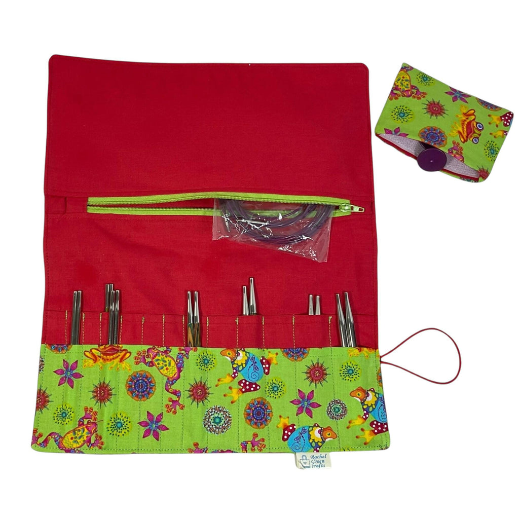 lnterchangeable knitting needle case with frogs, reptile needle organiser, addi storage, chiagoo folding pouch, knit pro, hiya hiya case,