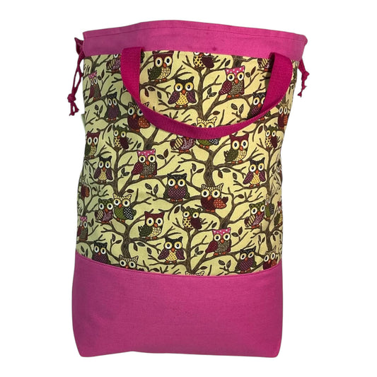 XXL  drawstring knitting bag with owls in trees print