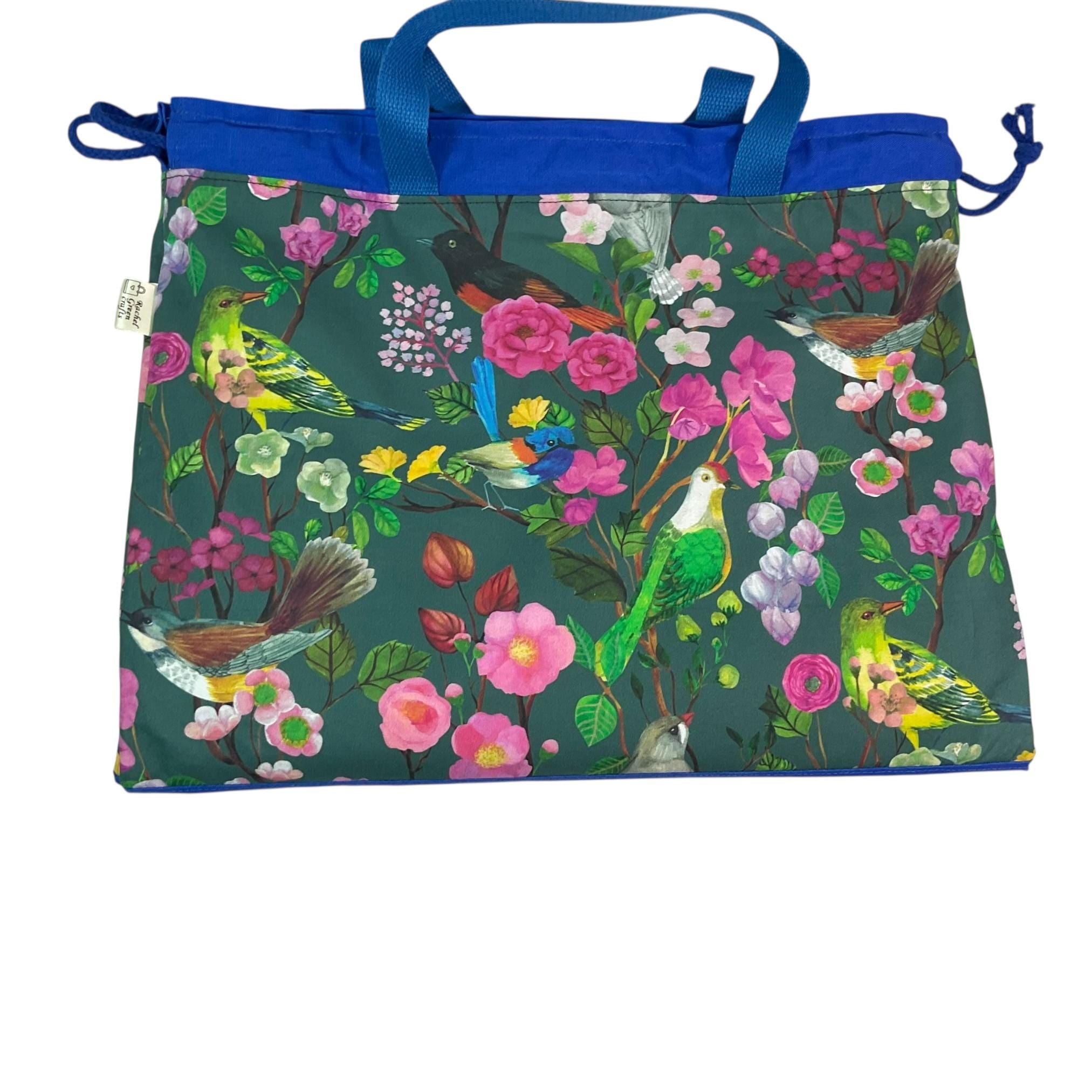 XXL  drawstring knitting bag with birds print supersized multi pockets project bag with handles, bird lover gift