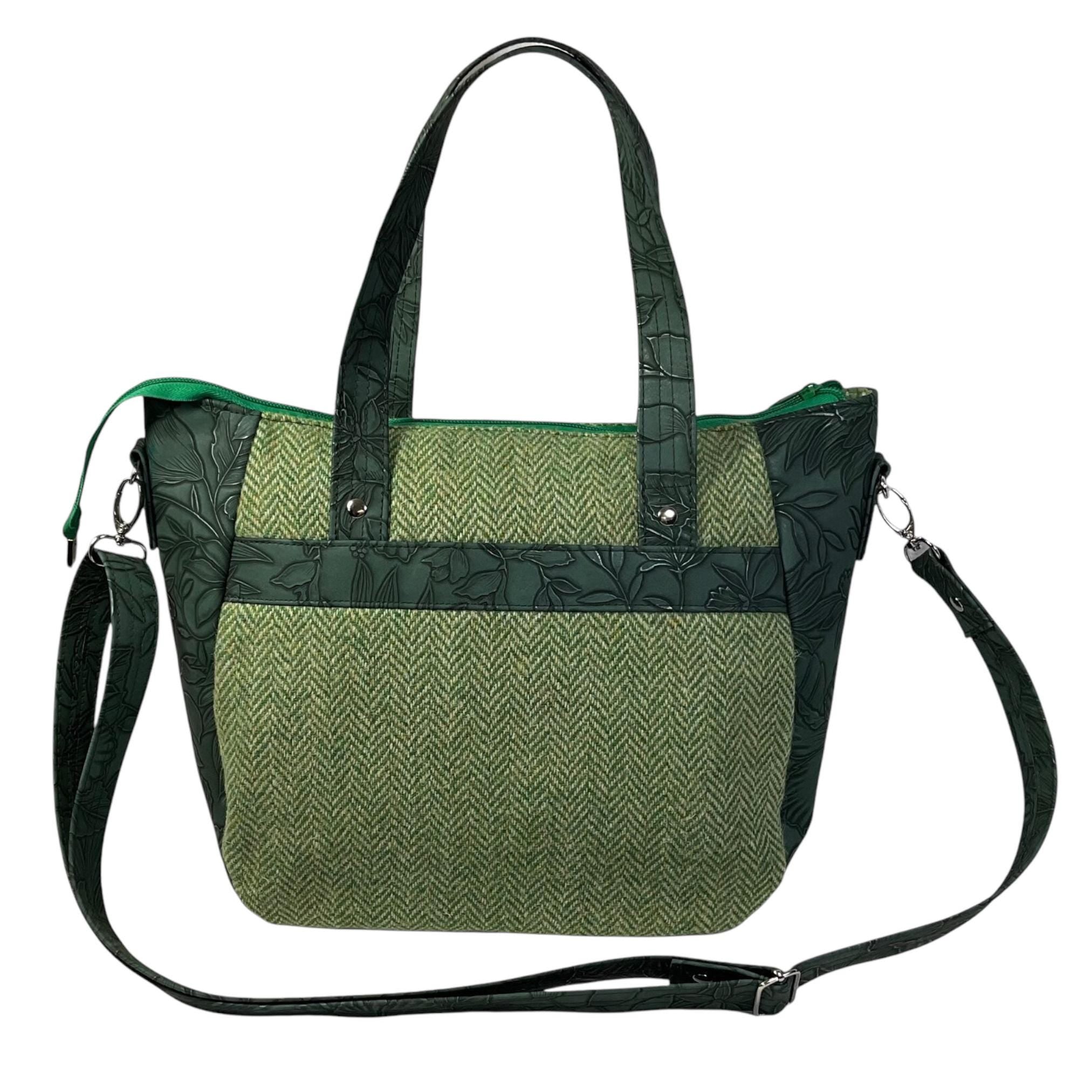 Harris tweed Crossbody Handbag,green floral faux leather tote, floral shoulder bag, zip pocket large adjustable strap organiser bag