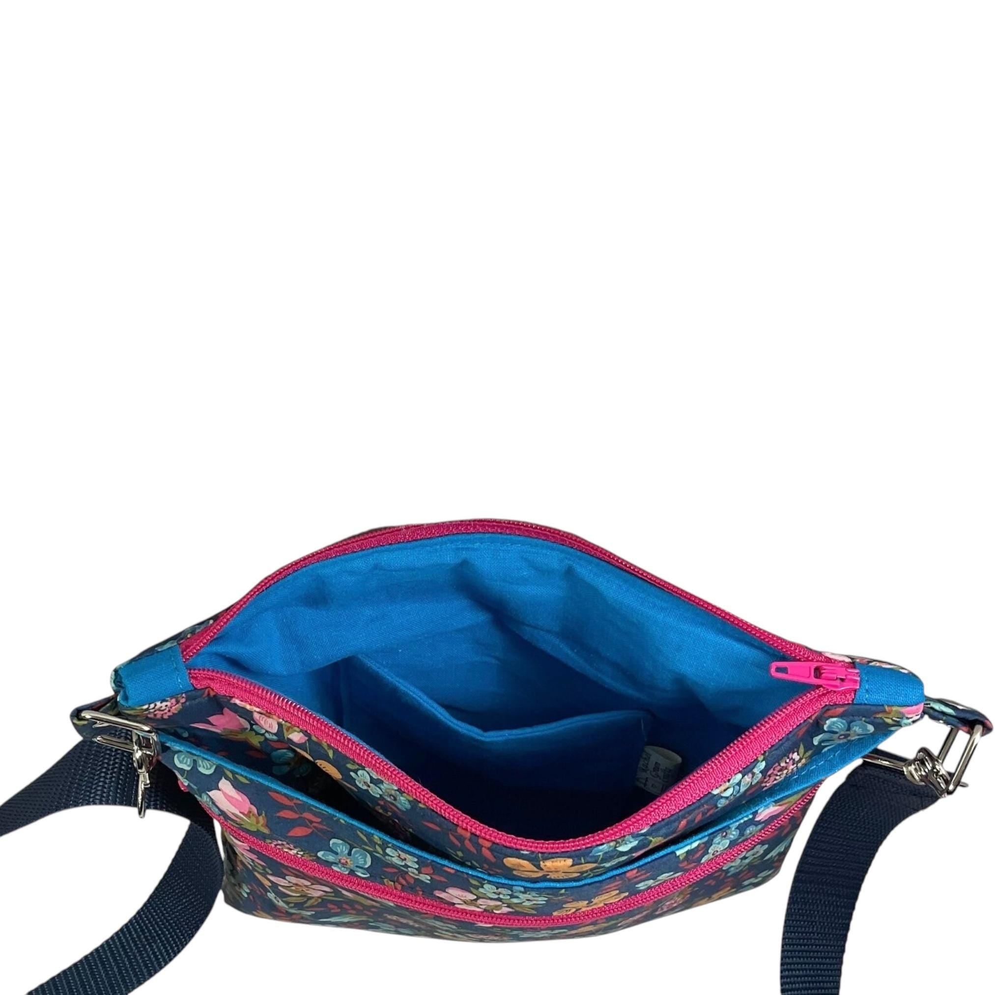 Liberty fabric slim shoulder bag with multi pockets, messenger style paisley  floral phone purse